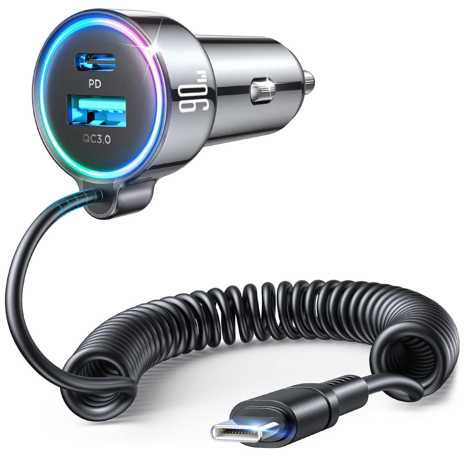 FLYLEAD 90W Car Charger USB C with 5ft Coiled Cable