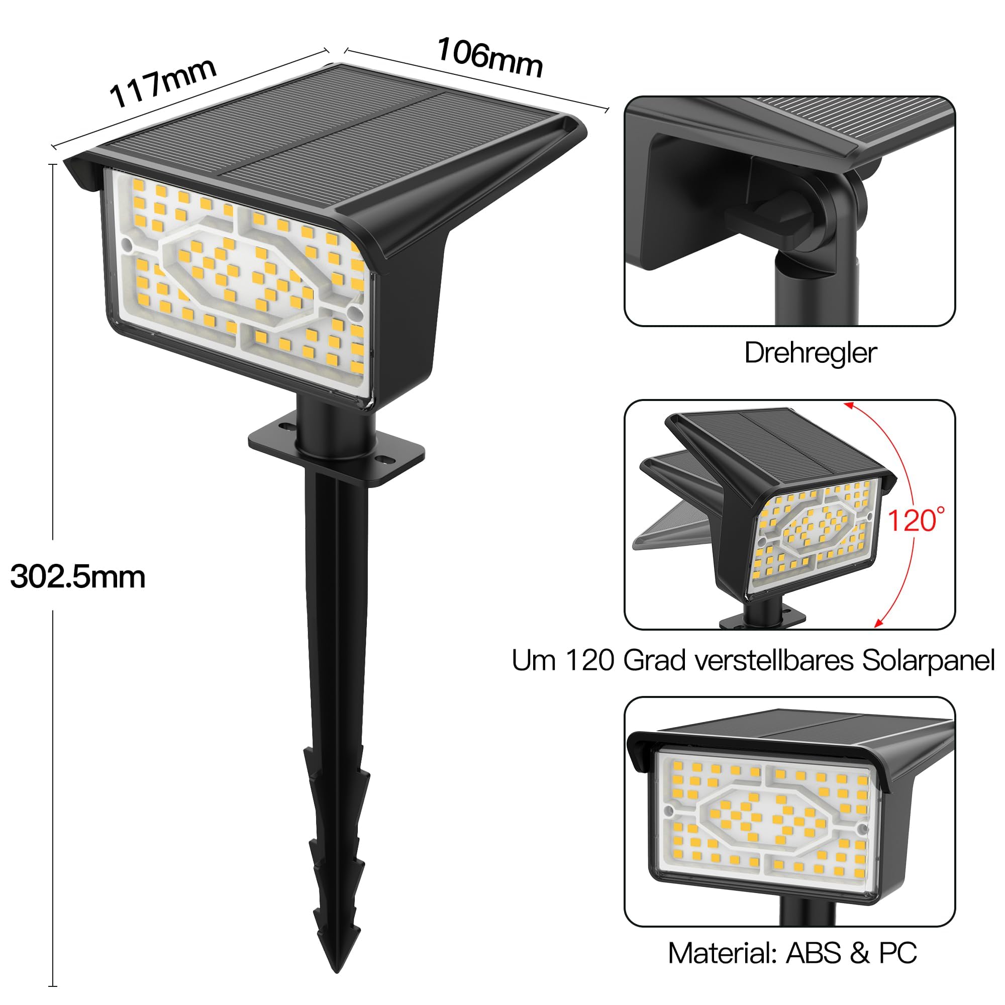 Ollny Lot de 4 Spots Solaires Extérieur 60 LEDs, 3000K Blanc Chaud, IP65 Étanche, 3 Modes, Crépuscule à Aube, Lampes Solaires Jardin, Éclairage Extérieur Solaire
