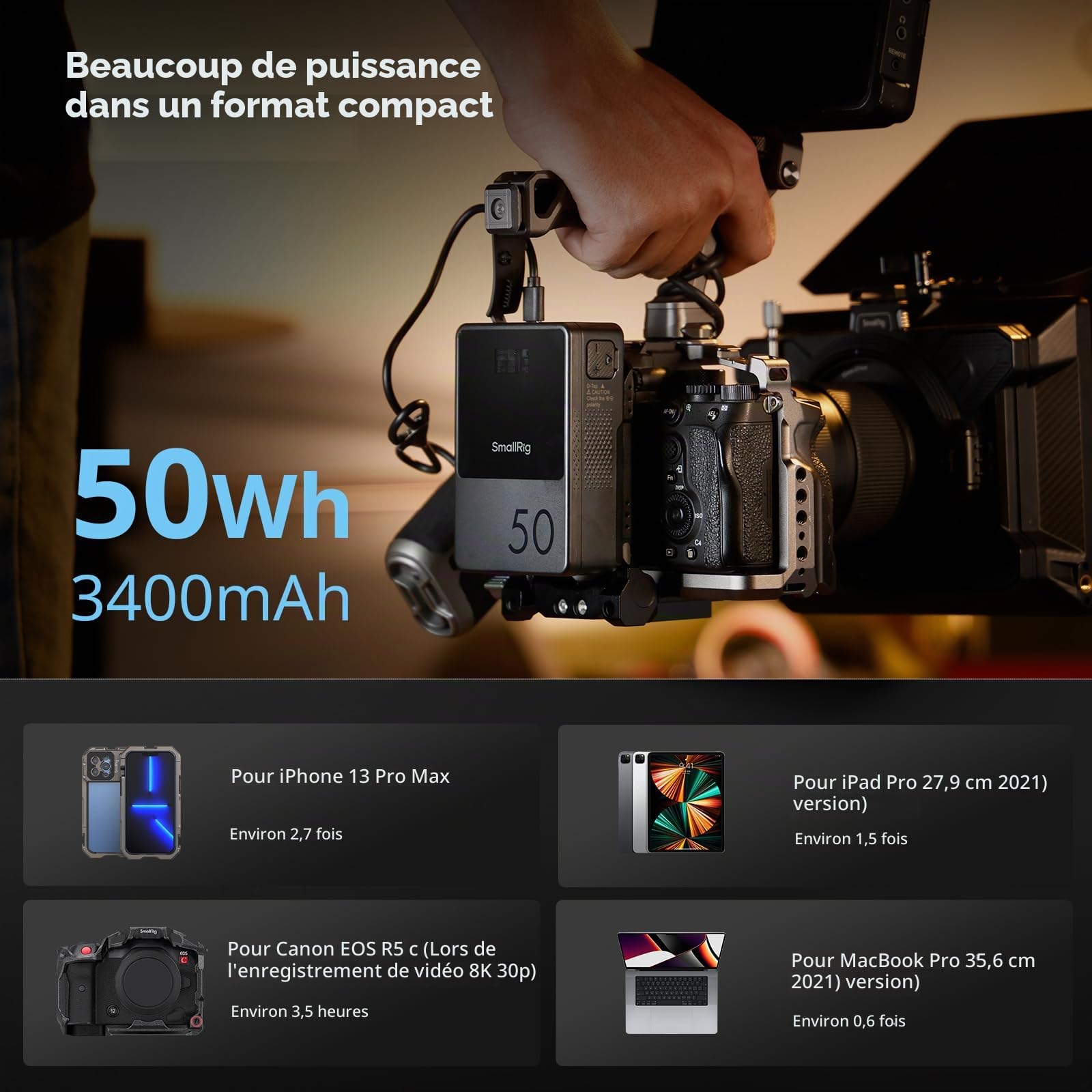 SMALLRIG VB50 Batterie V Mount, 3400mAh Portable Batterie V Lock avec Port USB-C/USB-A/D-TAP/DC8V/DC12V/BP, 45W Charge Rapide PD Bidirectionnelle, Écran OLED, pour Voyage/Camera/Smartphone - 3579