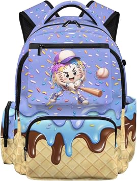 Baseball Drip Backpack for Boys, Kids School Backpack for Baseball Lovers, Blue Bookbag Ice Cream Preschool Elementary School Bag, 17 Inch Sports Camp Club Picnic Travel Backpacks