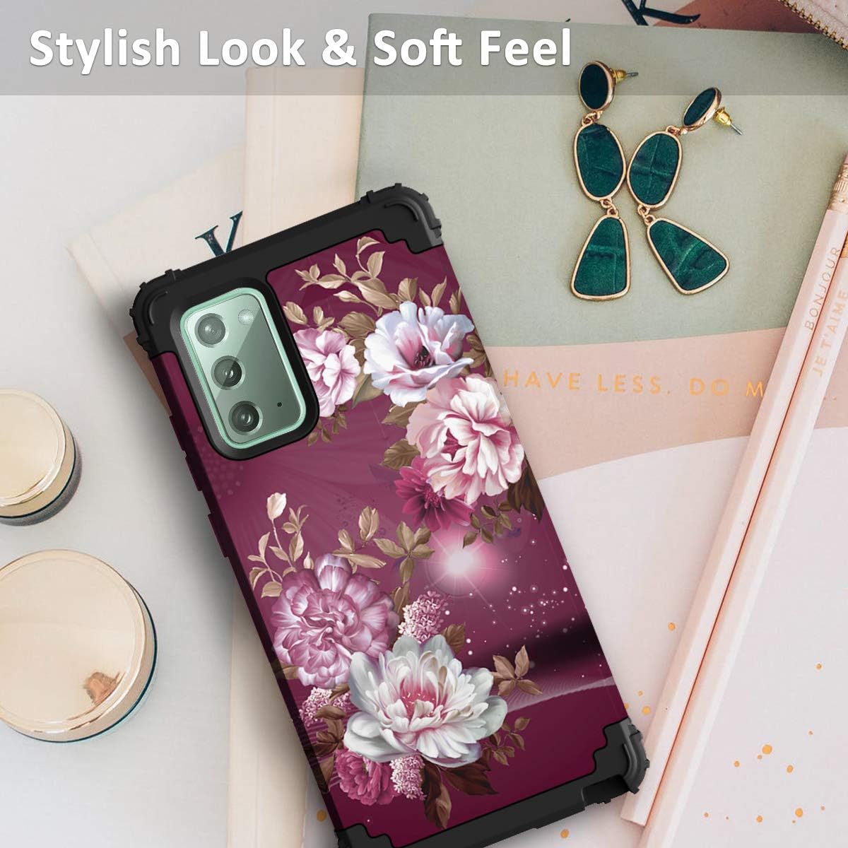 Hocase for Galaxy Note 20 5G Case, Heavy Duty Shockproof Protection Soft Silicone Rubber+Hard Plastic Hybrid Protective Case for Samsung Galaxy Note 20 (6.7-inch Display) 2020 - Burgundy Flowers