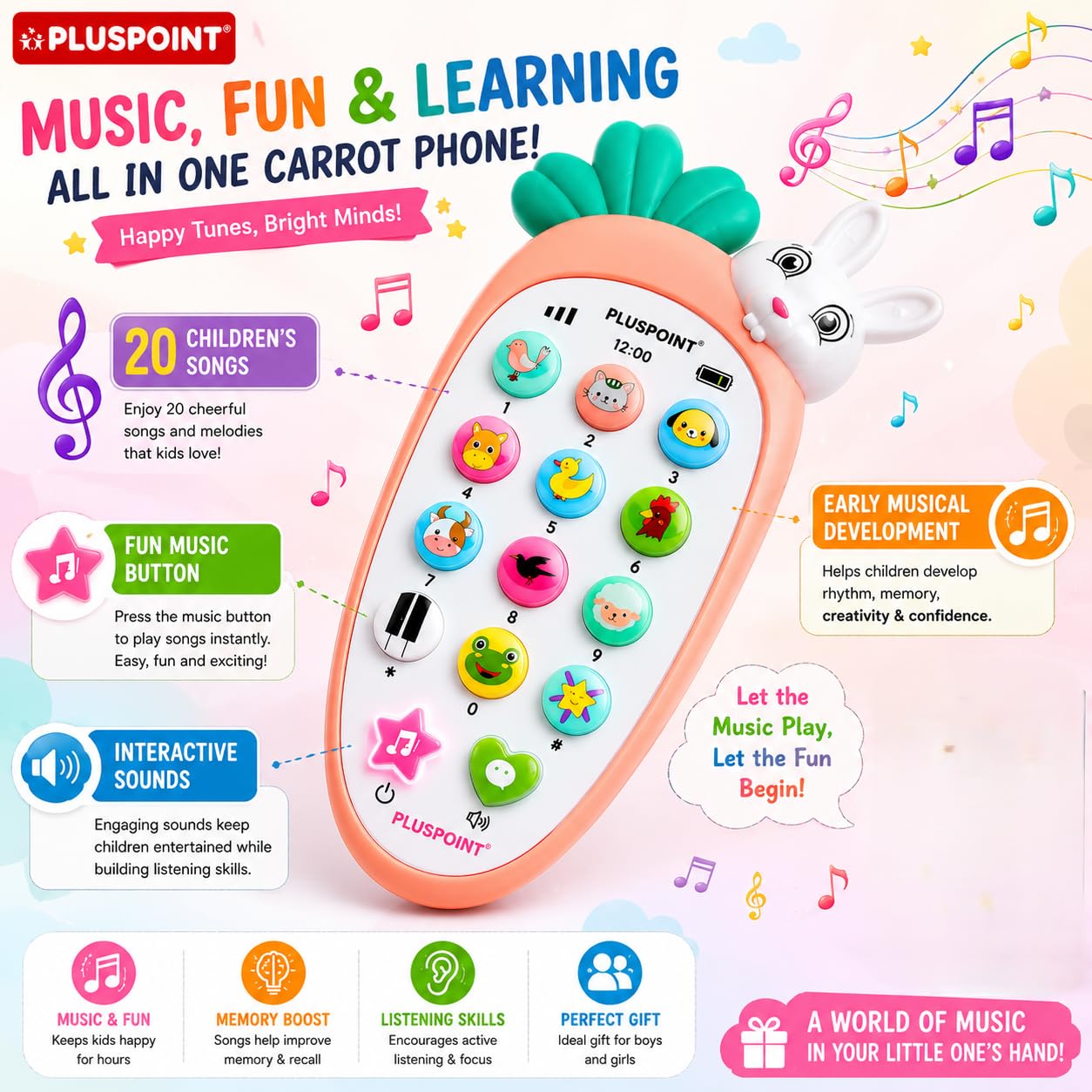 PLUSPOINT Rabbit Bunny Toy Phone for Toddlers | Carrot Style Musical Mobile with Animal Sounds, Songs & Flashing Lights | Pretend Play Educational Learning Toy | Birthday Return Gift for Boys & Girls
