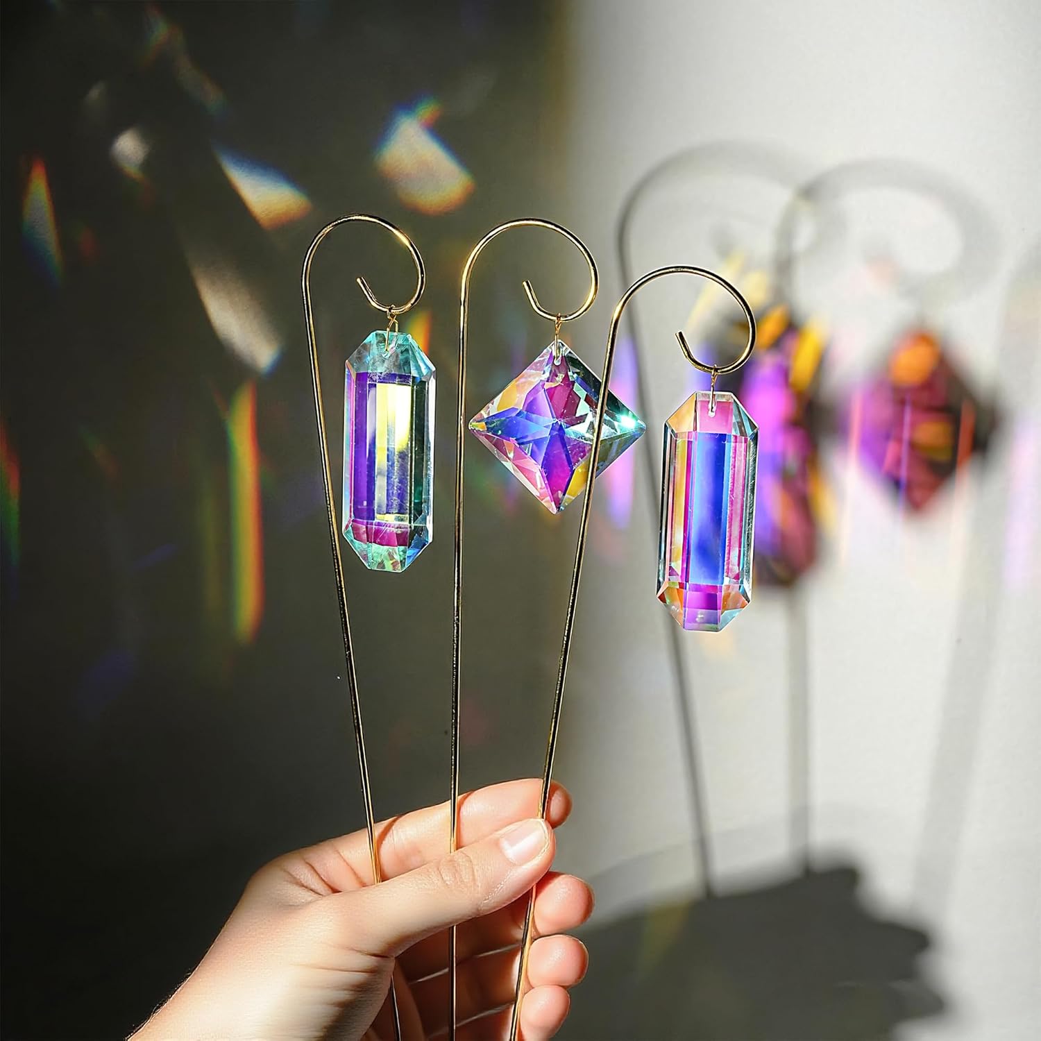 H&D HYALINE & DORA 3 Pcs Crystal Sunflower Suncatchers with 13'' Gold Trellis Metal Plant Stake and H&D HYALINE & DORA 7 Pack AB Colored Crystal Suncatcher Small Trellis Golden Plant Stake