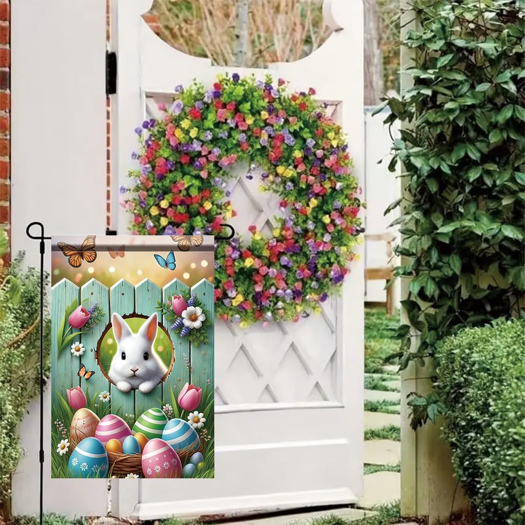 Easter Bunny Fence Garden Flag 12x18 Inch Double Sided Spring Egg Floral Yard Banner Cute Rabbit with Tulips and Butterflies Outdoor Decoration for Porch Lawn Home - Image 8