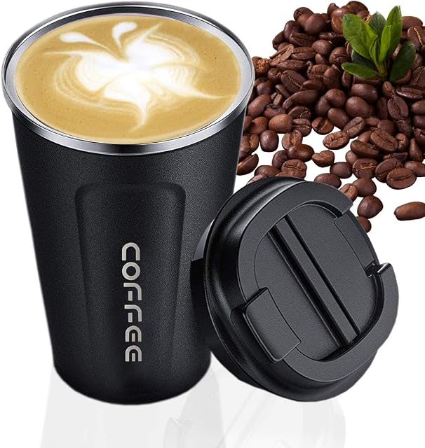 MOMSIV Black Coffee Cup, Vacuum Reusable Leakproof Double Wall Coffee Cup, Insulation Stainless Steel Eco-Friendly Travel Office Mug for Hot Coffee Tea and Cold Drinks, 13oz/380ml