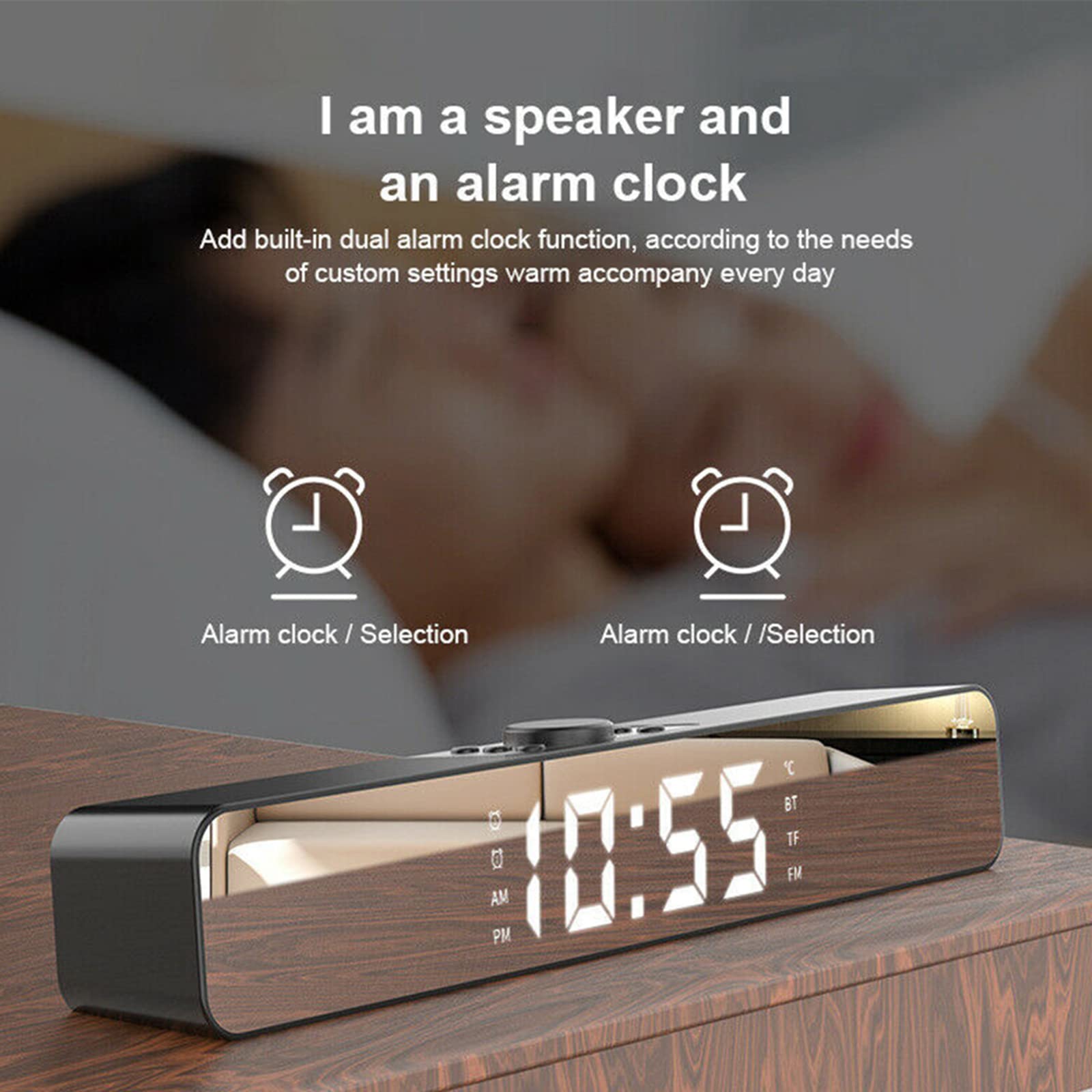 Reloj despertador con barra de sonido con Bluetooth, radio FM, subwoofer inalámbrico, pantalla LED para cine en casa y TV