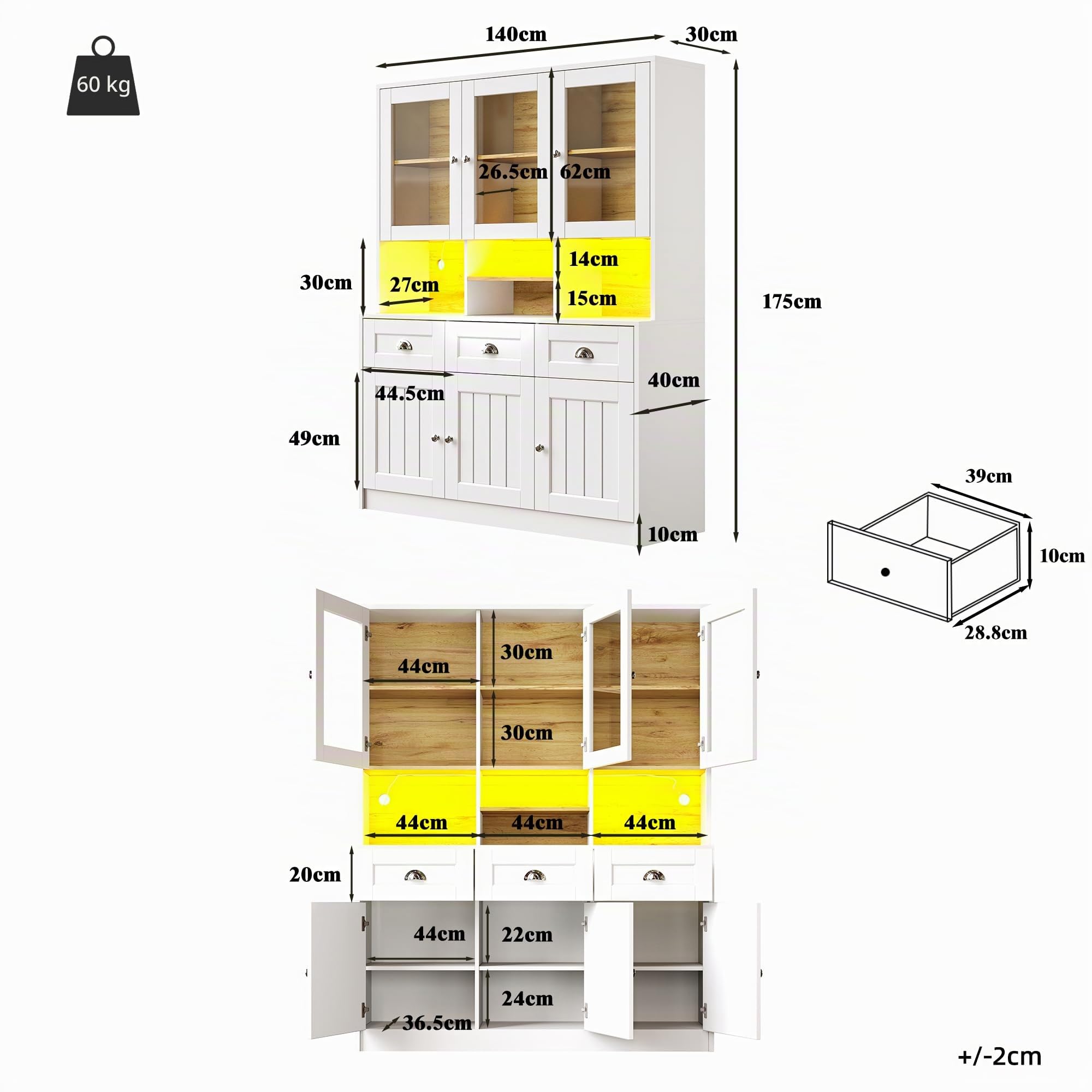 Küchenschrank mit LED-Beleuchtung und Großer Stauraum, Hochschrank mit Verstellbaren Ablagen und Aufbewahrungsschrank, Küchenbuffet mit 3 Schublade, Weiß-C, 140x40x175 cm