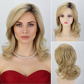 Medium Blonde Curly Wigs for White Women Ombre Blonde Wavy Synthetic Wig with Dark Roots Side Part Wavy Hair Repalcement Wig