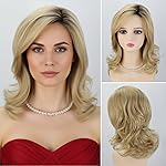 RENERSHOW Medium Blonde Curly Wigs for White Women Ombre Blonde Wavy Synthetic Wig with Dark Roots Side Part Wavy Hair Repalcement Wig