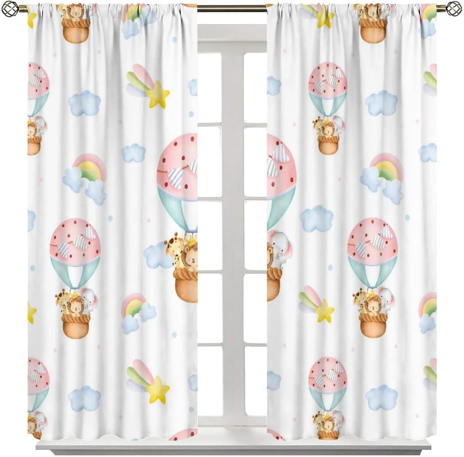 Watercolor Safari Animal Curtains, Cartoon Hot Air Balloon Cute Animals Giraffe Lion Elephant Rainbow Stars Print Blackout Window Treatments for Kids Bedroom Livingroom, 63" W X 72" L