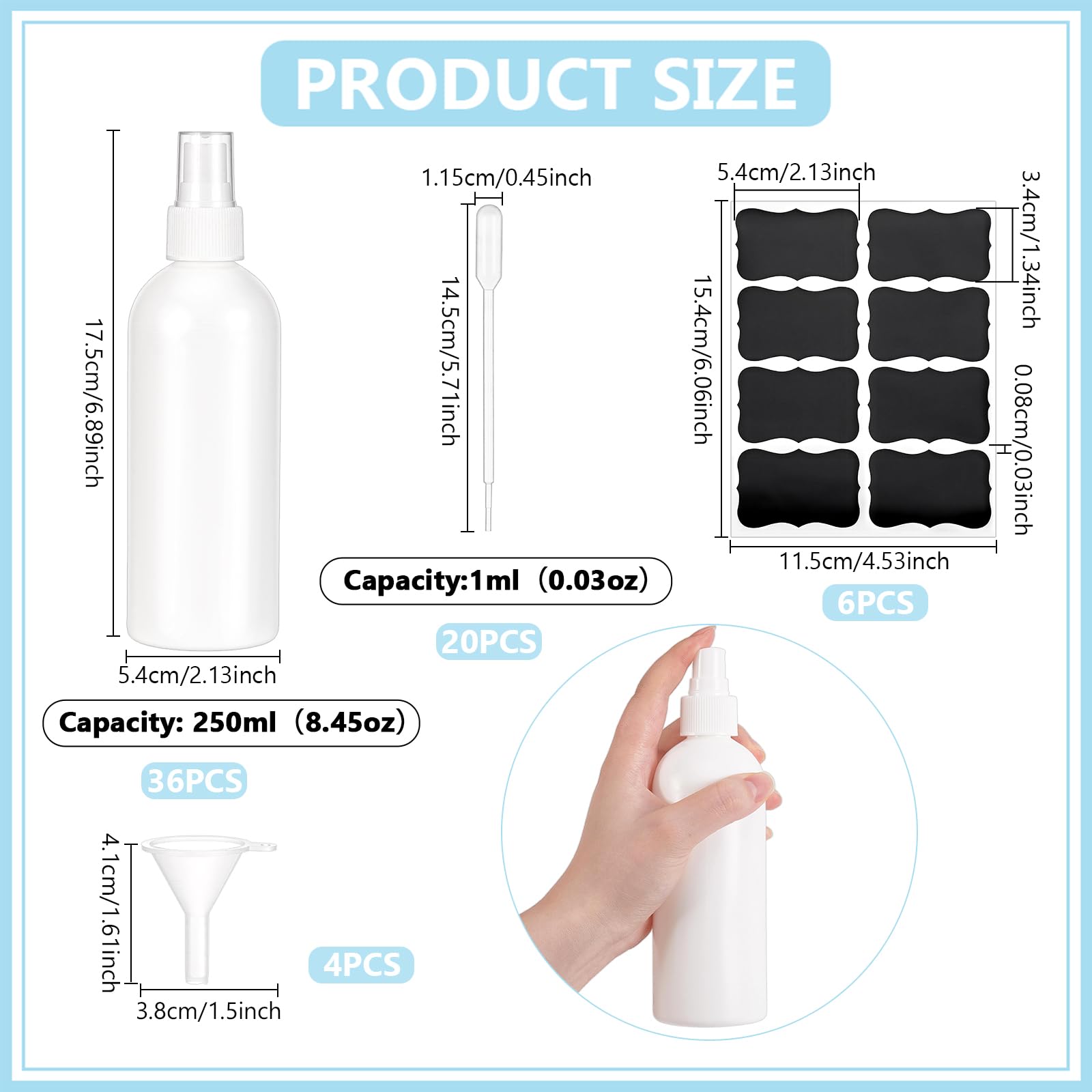 36 flaconi spray da 250 ml, in plastica, con tappo, ricaricabili, per la pulizia dei capelli, oli essenziali per capelli, prodotti di bellezza, pulizia da viaggio, colore bianco