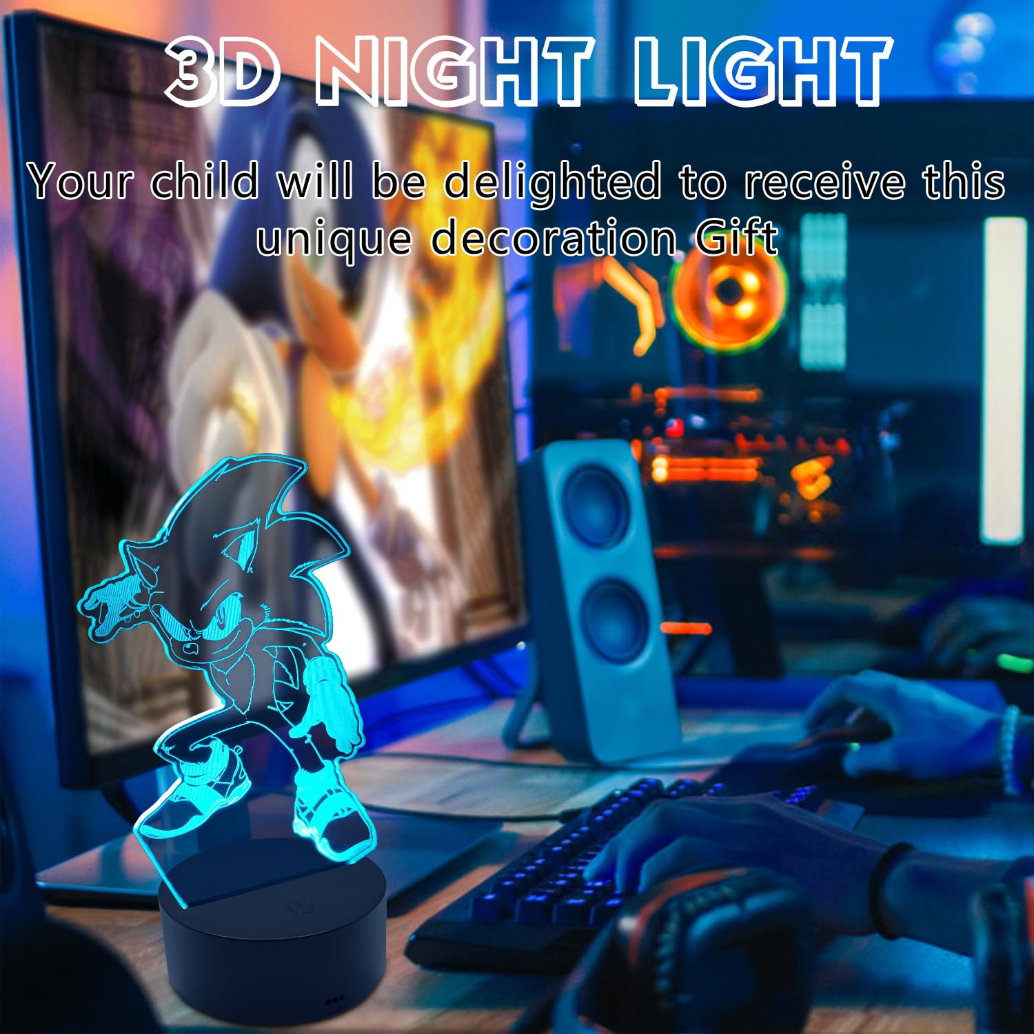 AIRUEEK Sonic Hedgehog Lampada 3D Luce Notturna Bambini-16 Variazioni Colore 1 Telecomando-Decorazione Regali Anime Gadget Per Bambino Ragazzo sonic Fans