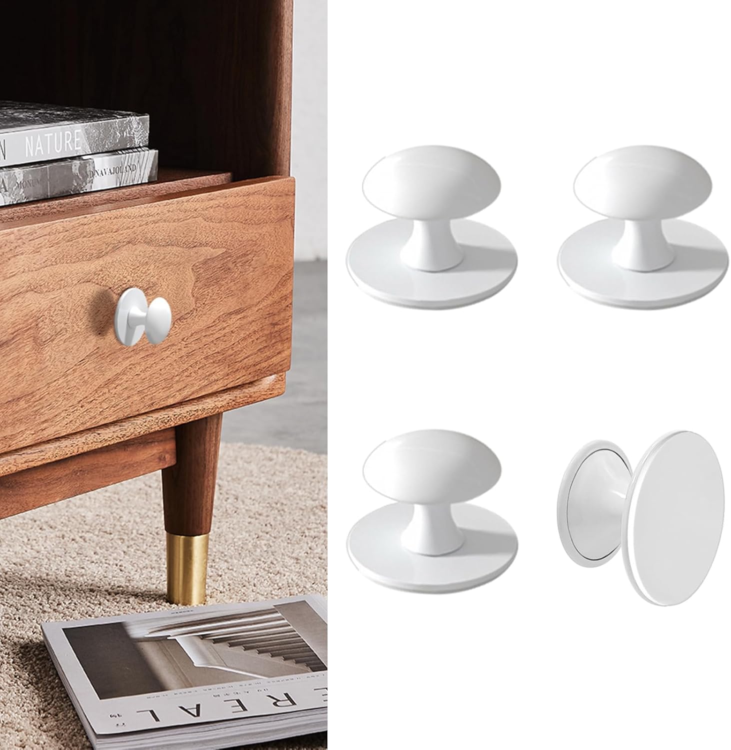 Adhesive Cabinet Knobs 4pcs White Self-Stick Knobs Drill Free Dresser Drawer Pulls Stainless Steel Stick On Handles for Medicine Cabinets Drawer Cupboards Glass Sliding Door Terrarium Lid
