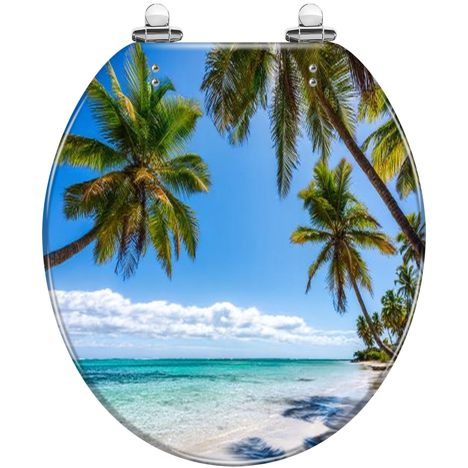 Decorative Round Resin Toilet seat Quiet Close Quick Release Hinges Easy to Install Clean Palm Tree Tropical Beach Paradise with Bumpers and Cover, Quick, Toilet, Quiet, Close, Decorative