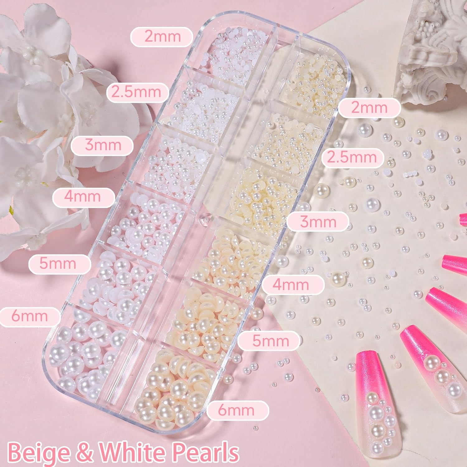 2 Boxes Flatback Pearls for Nail, Gold Silver Nail Beads for Nail Art, Mixed Sizes White Beige Half Pearl Nails Charms Gems, ABS Round Plastic Beads Accessories for Acrylic Nails Manicure Decor - Image 2