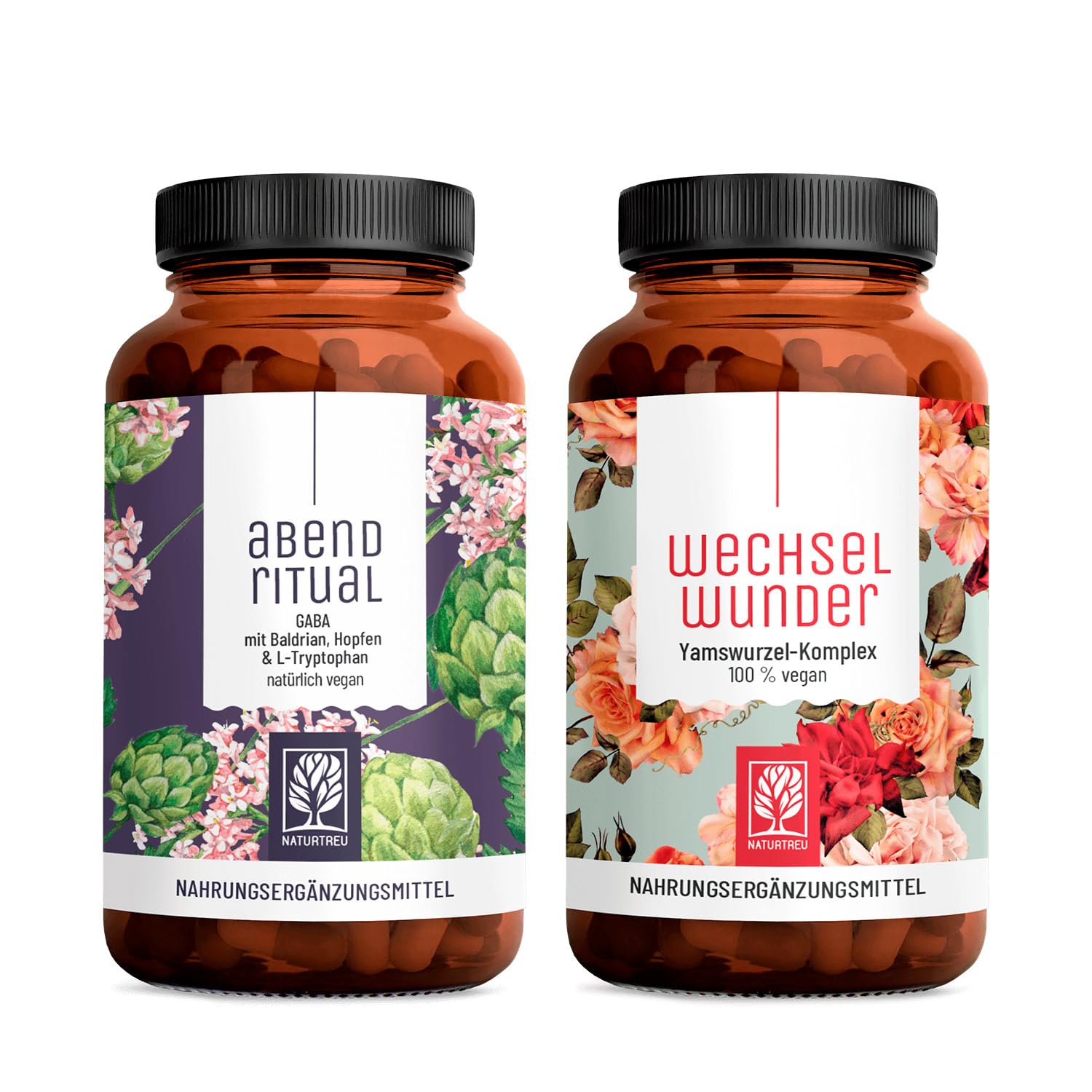NATURTREU® Wechselwunder + Abendritual Bundle - 2er Paket aus 1x Wechseljahres Yamswurzel Rotklee Kapseln & 1x GABA Baldrian Kapseln - vegan