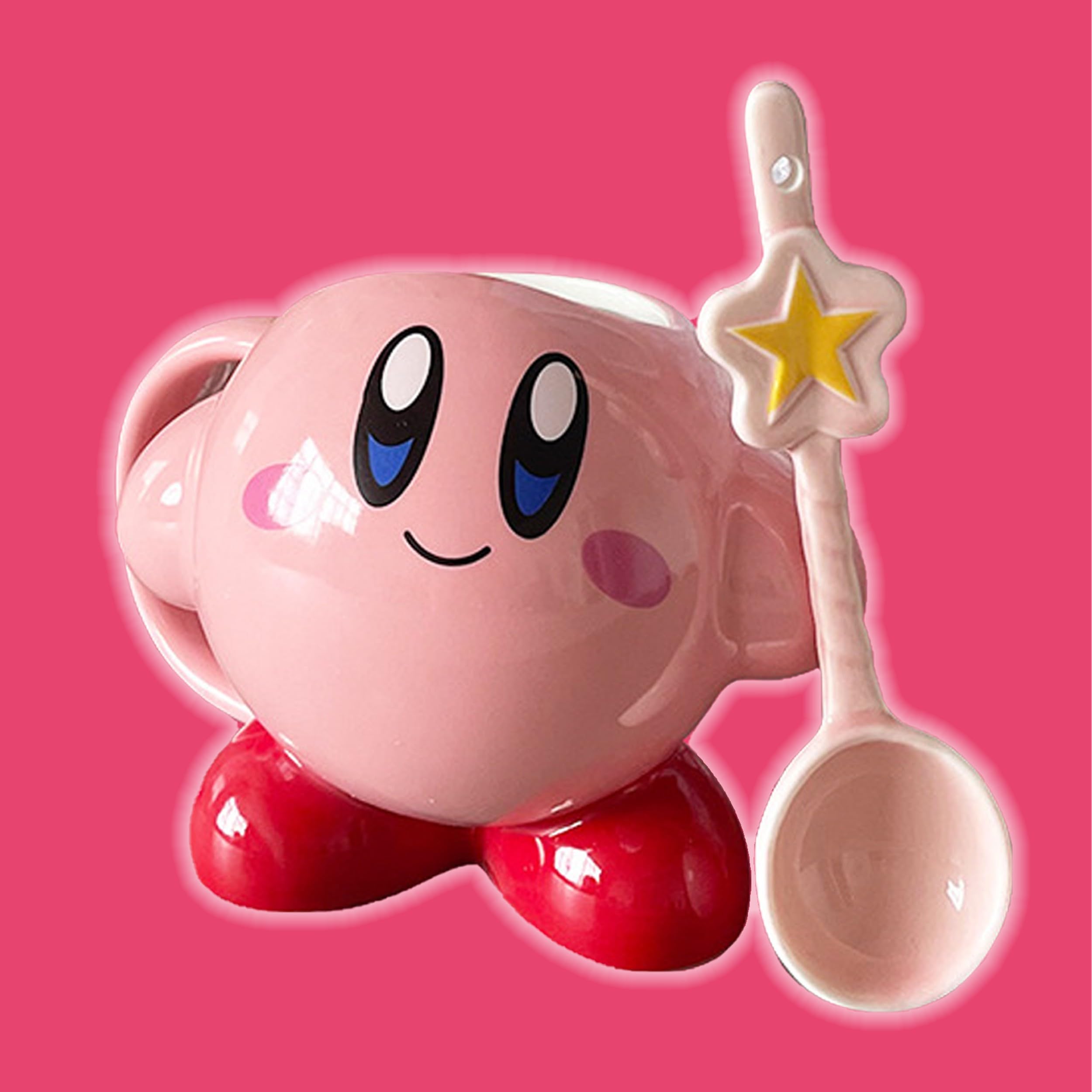 Roffatide Cartoon Kirby 10 Oz Coffee Cup Set: Kirby Mug + Star Spoon, Ceramic, Perfect for Christmas, Birthday & Fun Drinking
