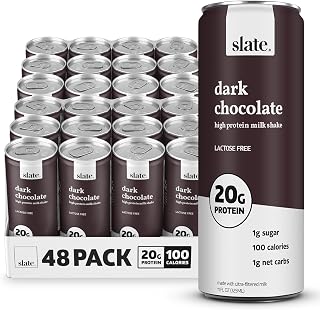 Slate Milk - High Protein Milk Shake - Dark Chocolate - Lactose Free, 20g Protein, 1g Sugar, 100 Calories, 1g Net Carbs, No Added Sugar - Natural, Breakfast Boost, Post Workout - 11 fl oz, 48 Cans