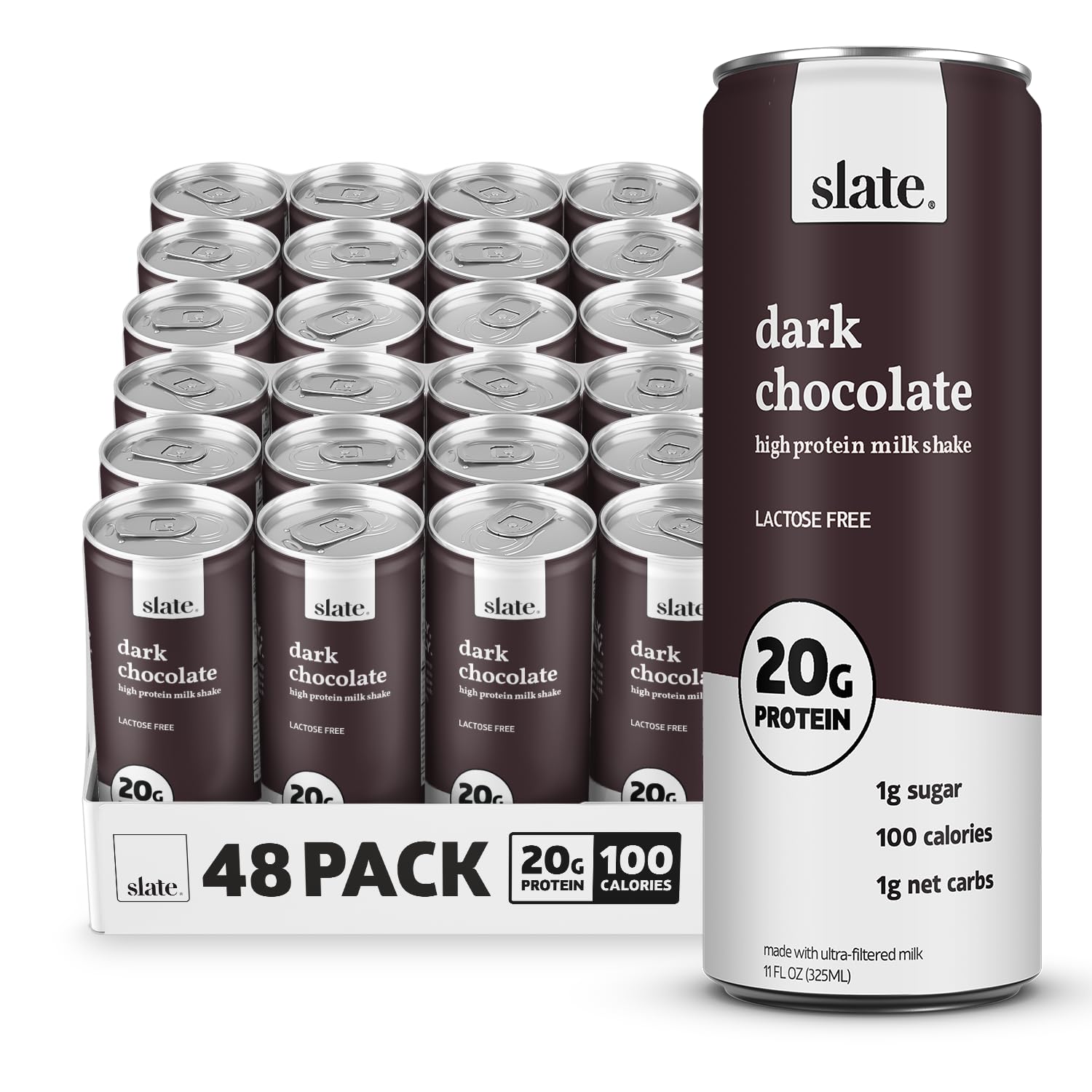 Slate Milk - High Protein Milk Shake - Dark Chocolate - Lactose Free, 20g Protein, 1g Sugar, 100 Calories, 1g Net Carbs, No Added Sugar - Natural, Breakfast Boost, Post Workout - 11 fl oz, 48 Cans