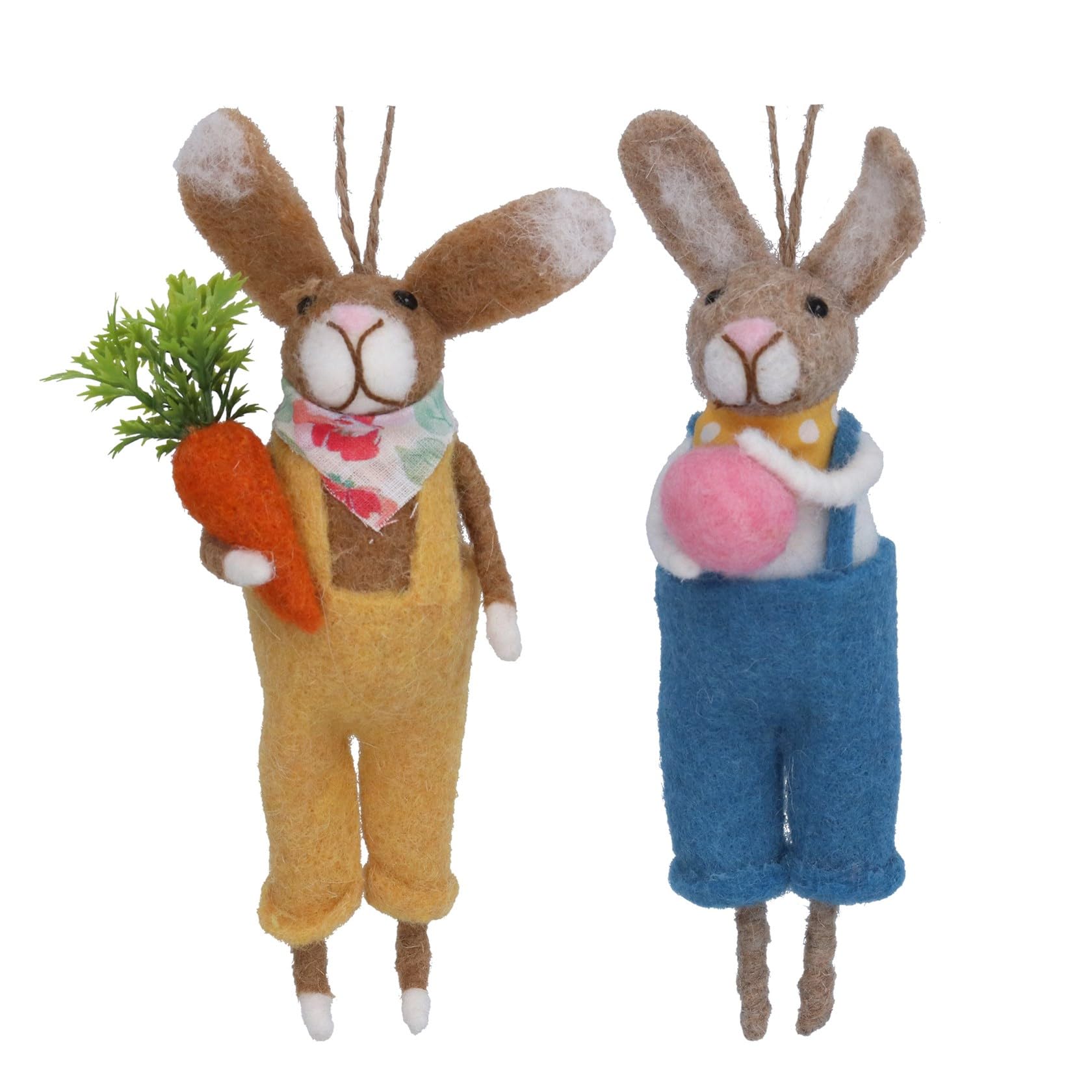 Gisela Graham Multicolor Set Of 2 Felt Rabbits In Dungarees Easter Decorations, Hanging Bunny Ornaments With Carrot And Egg, Spring Home Décor