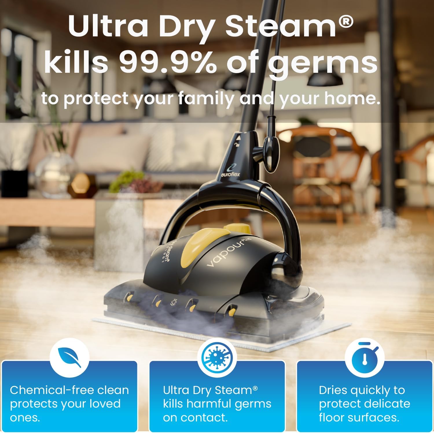 Euroflex Vapour Plus 18-Piece Steam Mop with Precision Floor Care Kit; Consumer Reports Recommended; 295°F & 50 PSI of Pressure; Kills 99.9% Bacteria & Viruses incl. Influenza (H1N1); 5 Year Warranty
