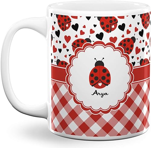 Taza de café personalizada Ladybugs & Gingham de 11 onzas, color blanco
