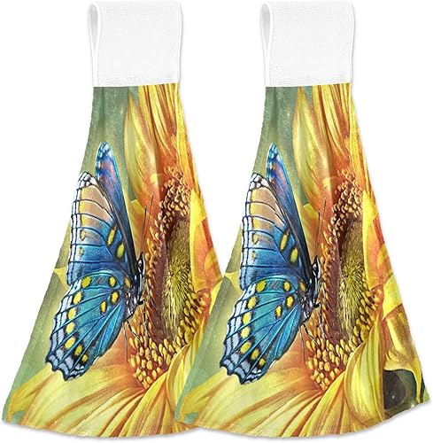 Exnundod Toallas de mano colgantes con mariposas y girasoles brillantes, toalla de corbata de acuarela de forro polar coral absorbente para baño,