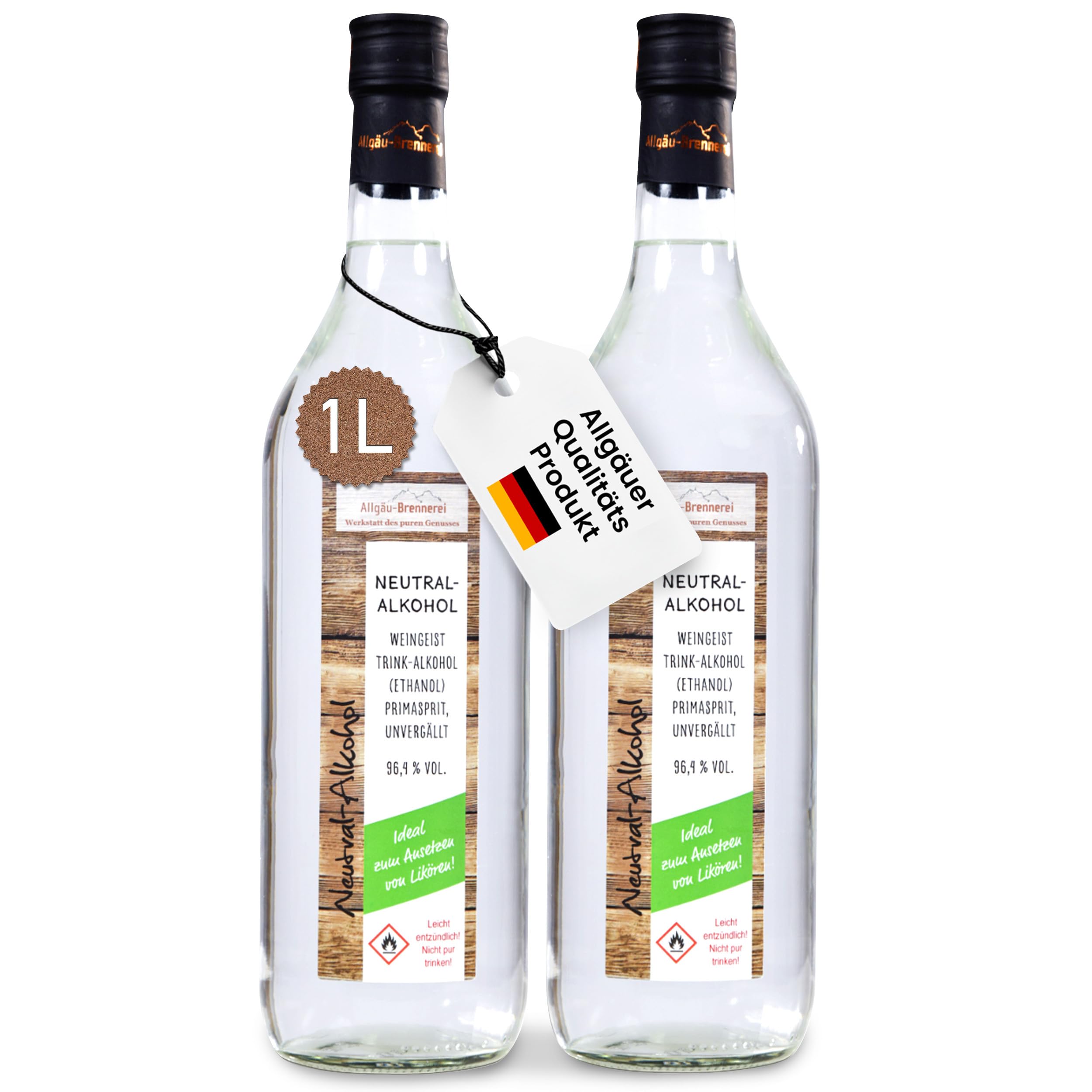 Allgäu Brennerei Weingeist Primasprit Ethanol 1000ml - Neutral Alkohol - Ideal zur Herstellung von selbstgemachten Likören (2 Flaschen)