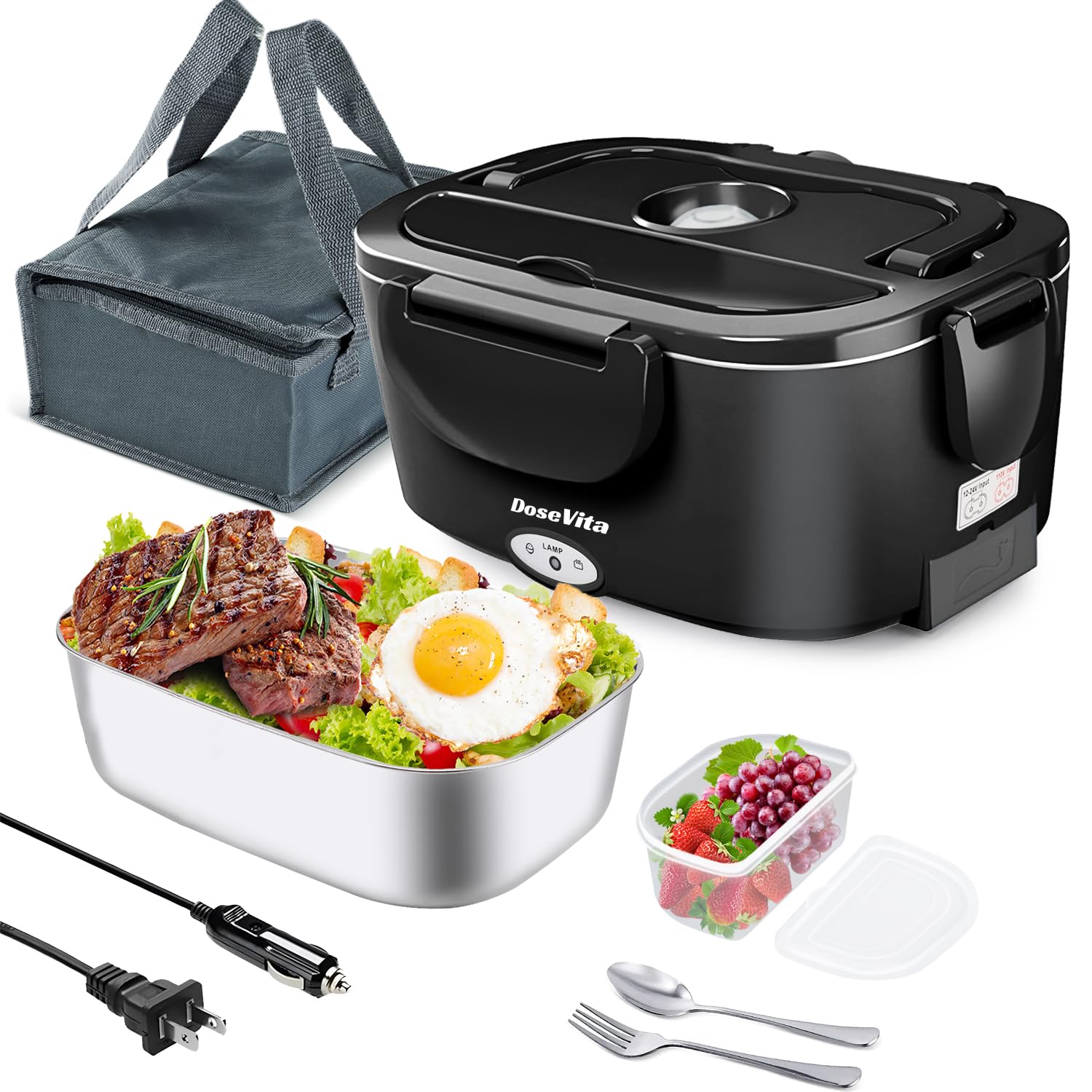 Electric Lunch Box Warmer 80W Heated Lunch Box for Men 1.5L Stainless Steel Electric Lunch Box for Adults 12/24V/110 Self Heating Lunch Box for Car Truck Work