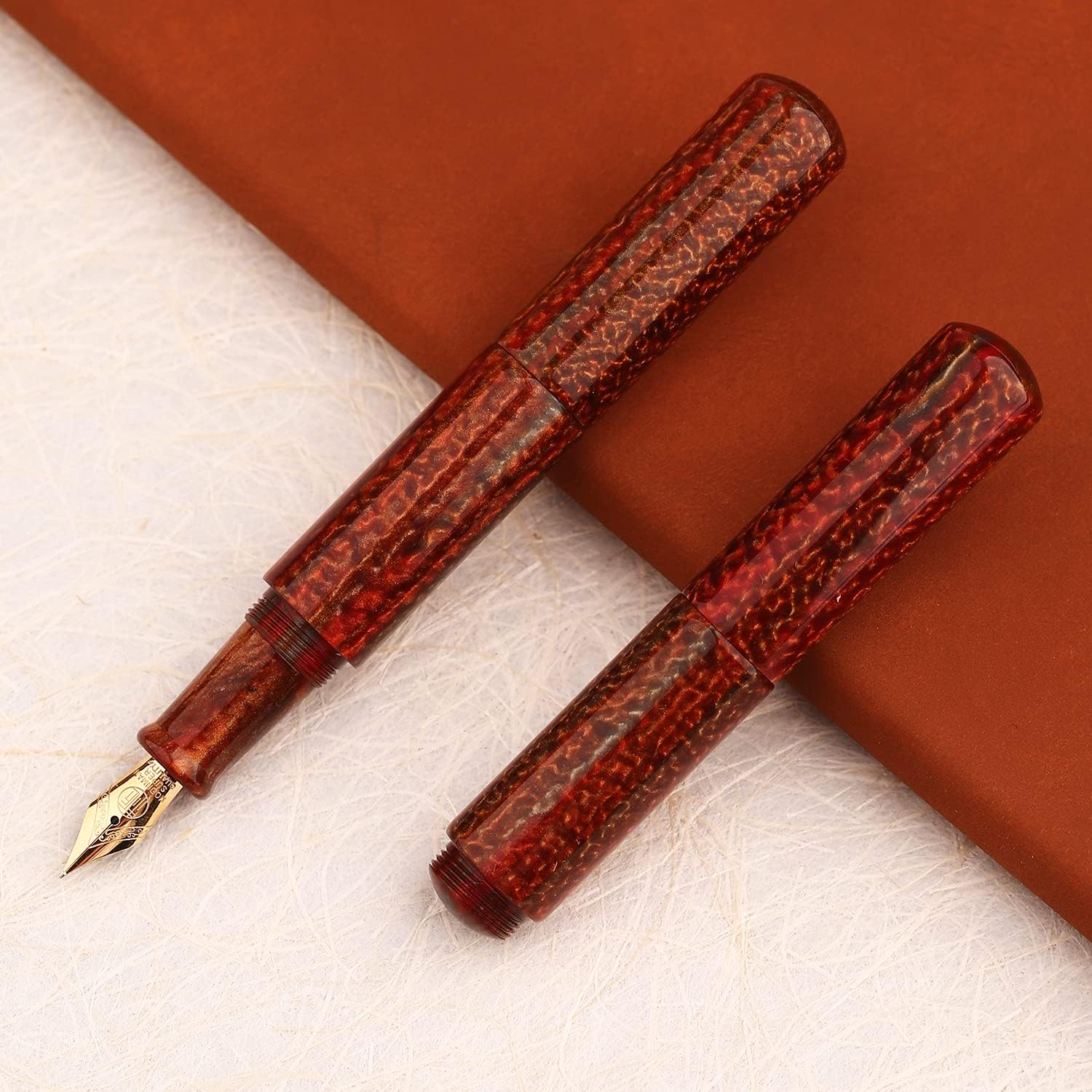 Majohn Wancai Mini Fountain Pen Extra Fine Nib, Brown Acrylic Pocket-Size Travel Short Pen with 6 PCS Black Ink Cartridges