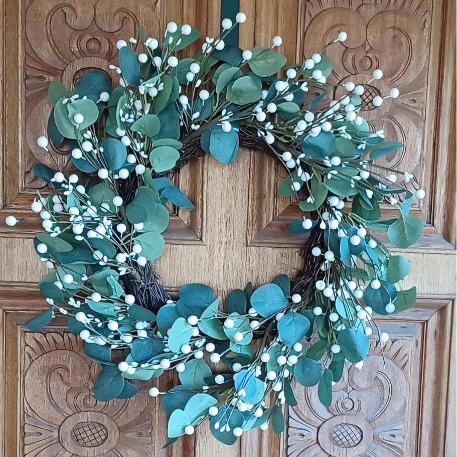 Green Eucalyptus Wreath 22inch Greenery Wreaths for Front Door Artificial Winter Wreath with Green Eucalyptus Leaves White Berries for Winter Christmas Window Wall Indoor Holiday Decoration - Image 2