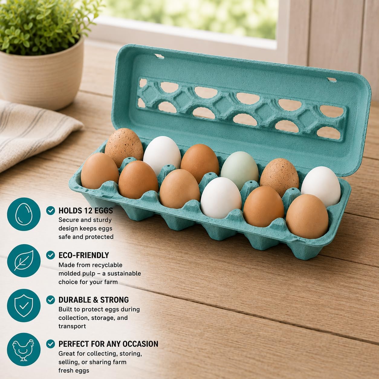 Vented Paper Pulp Egg Cartons - Teal (12)