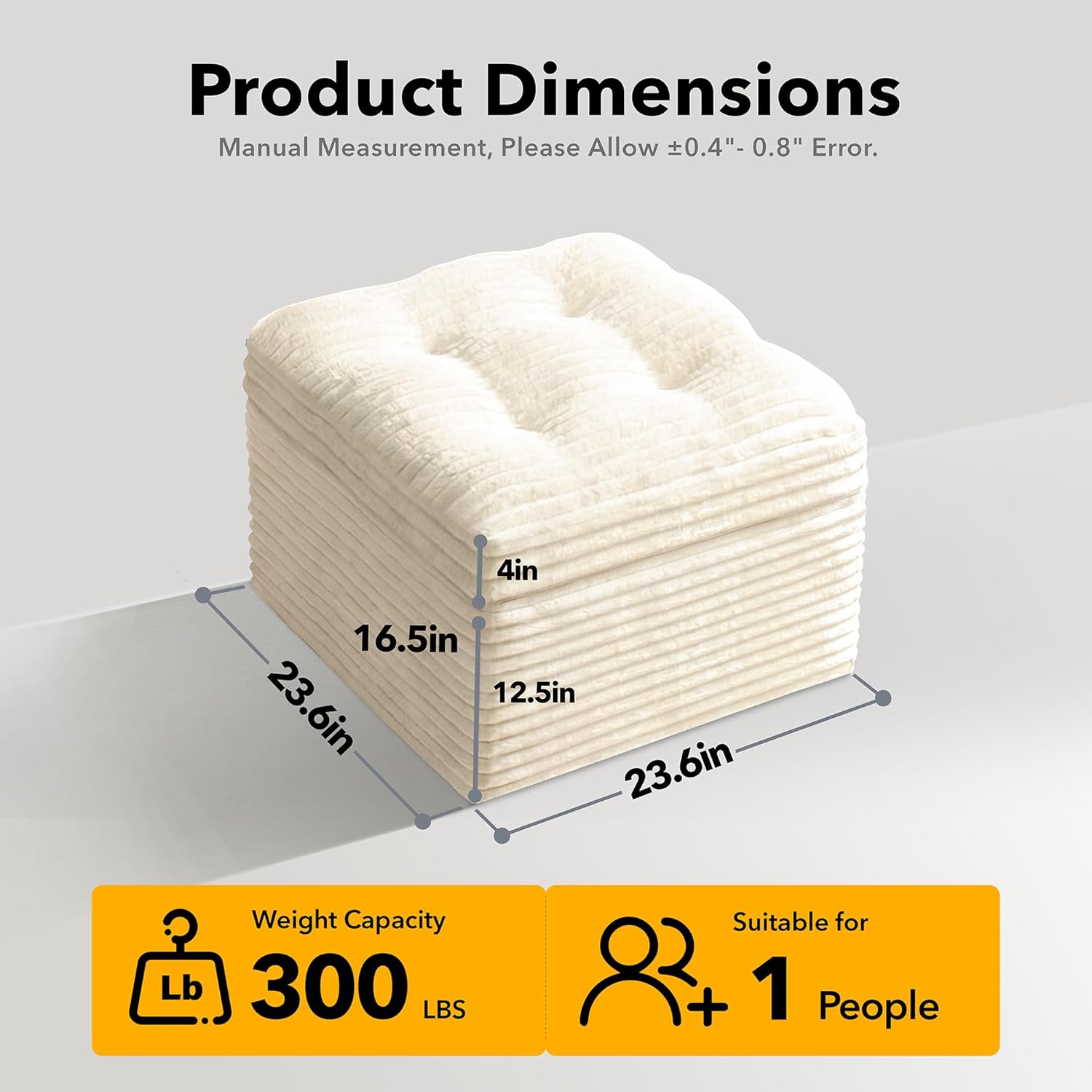 23.6in Pouf Ottoman, Corduroy Ottoman Foot Rest with Dual‑Layer Support, Large Poofy Pouf with Soft Chunk‑Foam Top & Firm Foam Base, Floor Foot Stool for Living Room, Beige