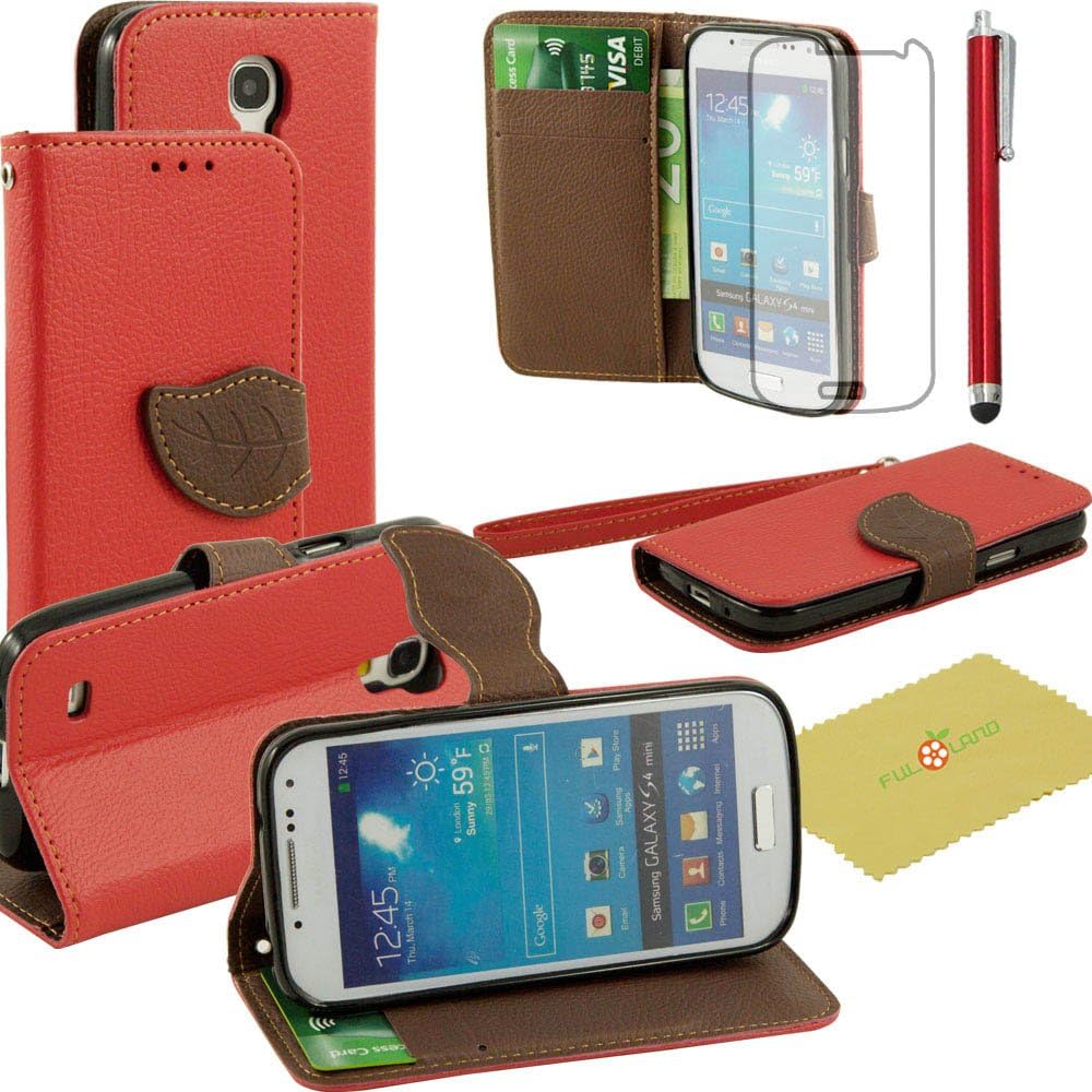 S4 Mini Case, Fulland Wallet Card Holder PU Leather Pouch Flip Leaf Style Case Cover with Stand for Samsung Galaxy S4 Mini I9190 Plus Stylus Pen and Screen Protector -Red