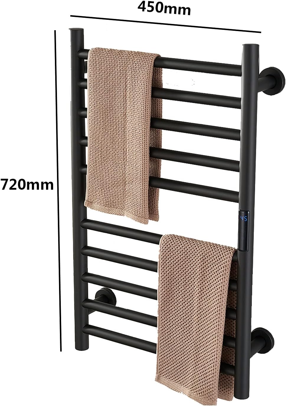 Black, Wall Mounted Bathroom Electric Heated Towel Rack with Adjustable Temperature and Time, 304 Stainless Steel Heated Towel Rail Radiator (Hardwired)