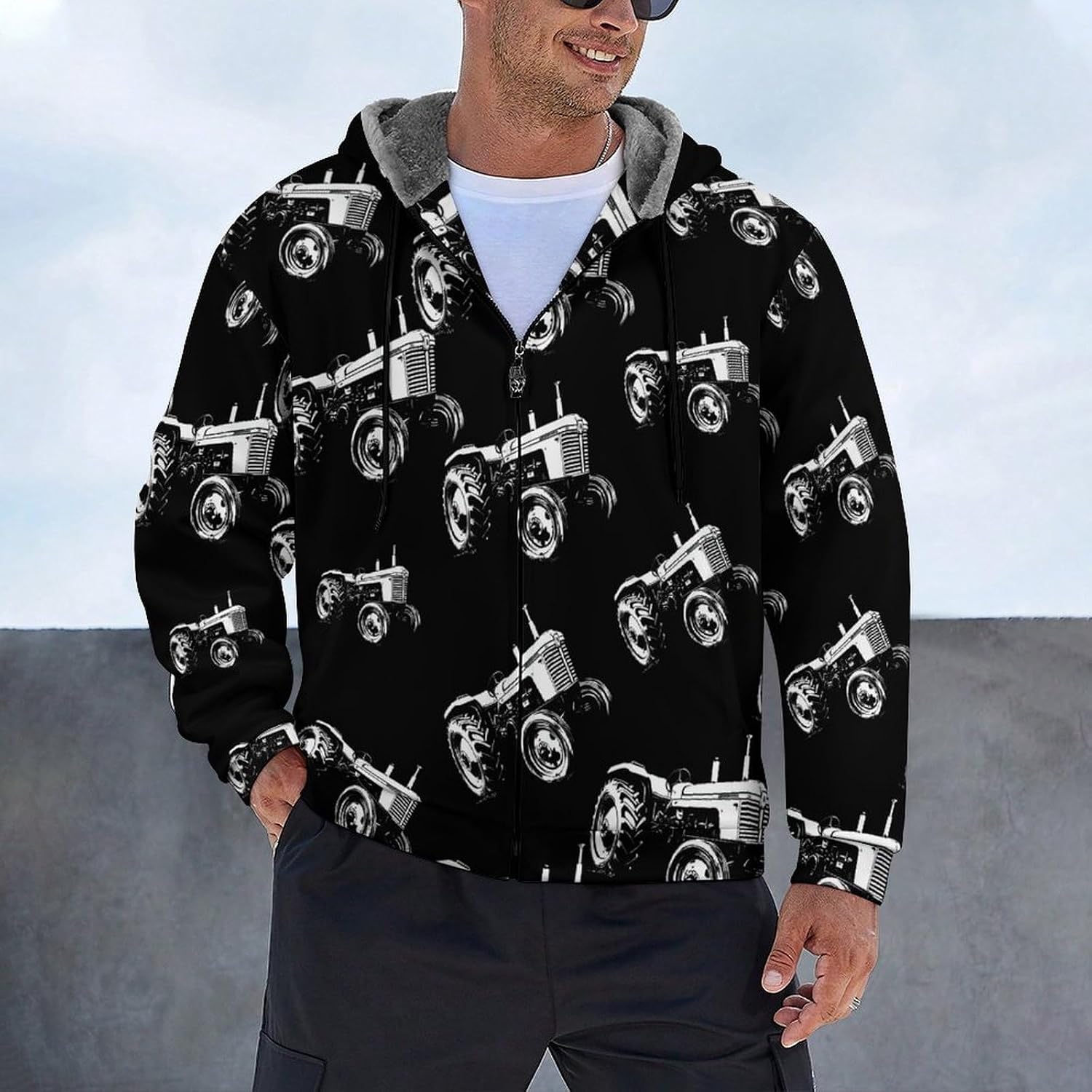 Tractor Men's Hooded Coat Fleece Lining Sweatshirt Zip Up Jacket Warm Hoodie