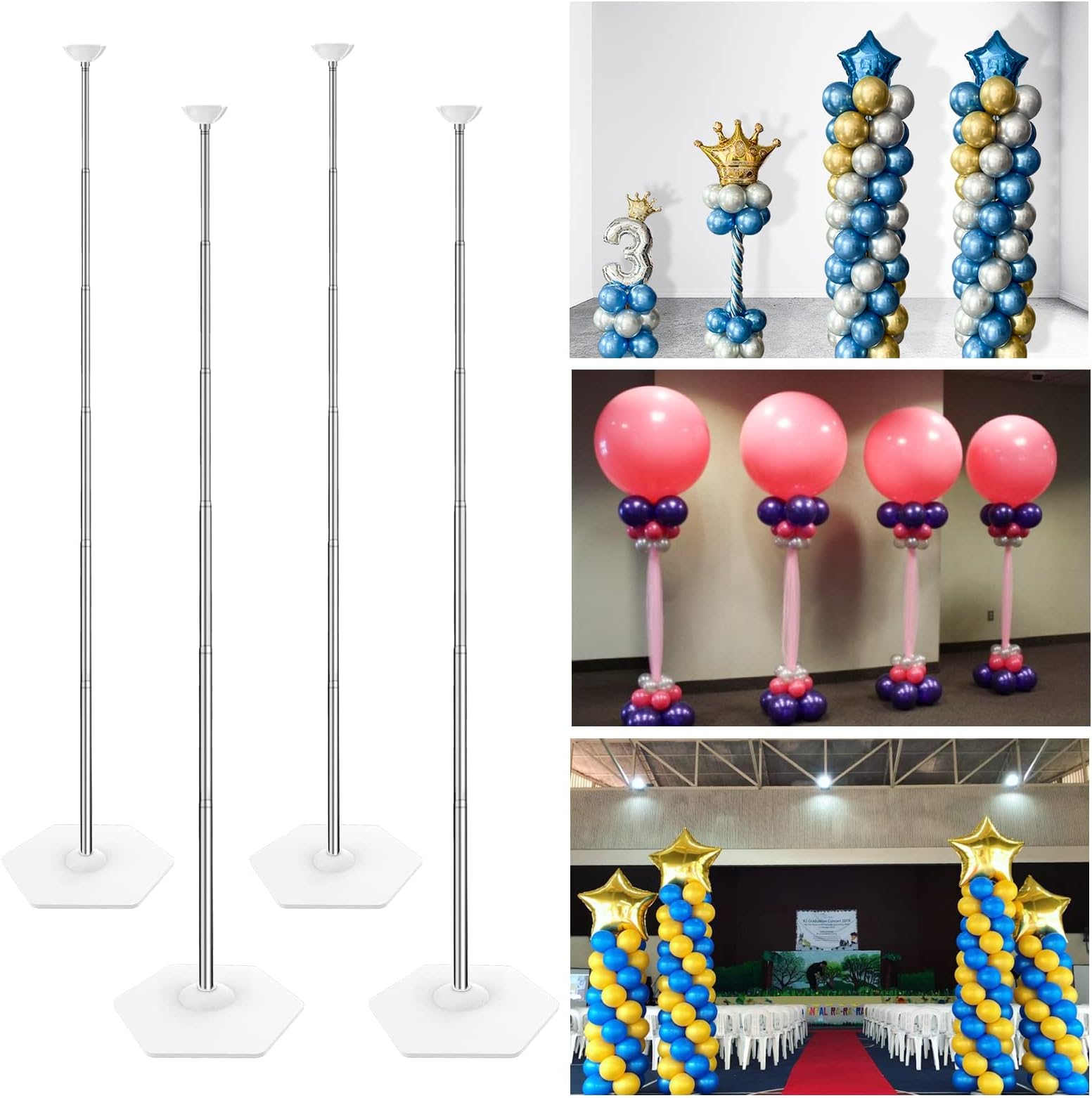 YALLOVE Heavy Duty Metal Balloon Column Stand Kit, Set of 4, 2m Height Adjustable Balloon Tower Holder for Indoor and Outdoor Event and Party Decoration, Easy Assemble and Disassemble