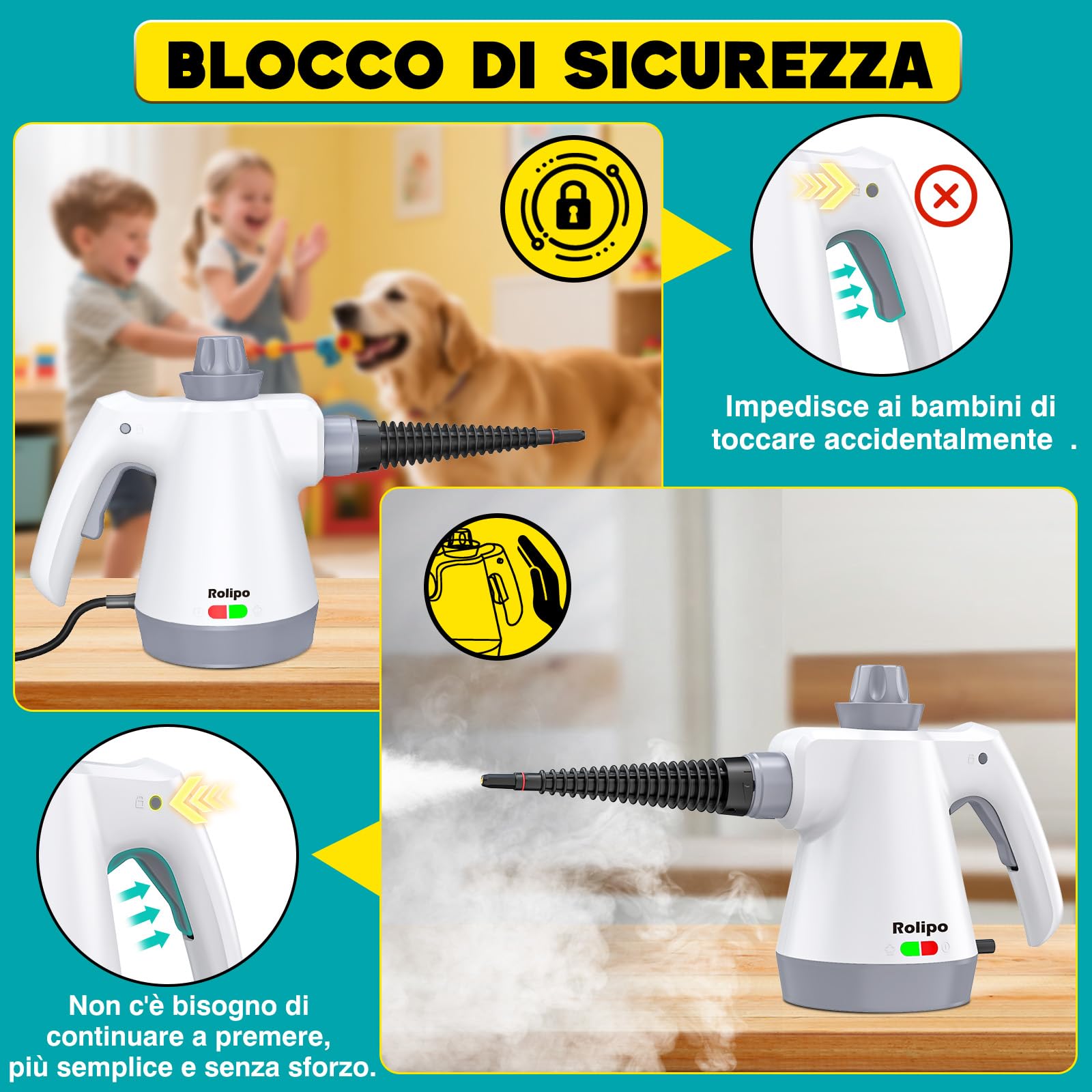 Rolipo Pulitore a Vapore Portatile, Pistola a Vapore Multifunzione Per Uso Domestico, Pressurizzato Con 12 Accessori e Blocco Di Sicurezza, Per La Pulizia Di Cucina, Bagno, Fughe, Finestre, Grasso