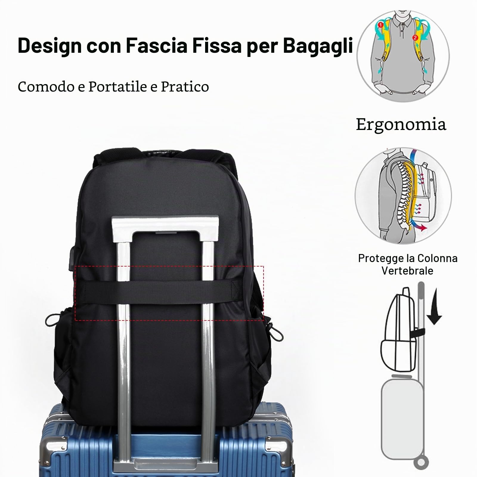 FANDARE Zaino Universitario 45x30x15 cm Poliestere Impermeabile, Zaino da Viaggio con USB e Aggancio al Trolley per Uomo Donna, Capiente Zaino Sportivo per Scuola, Palestra, Ufficio