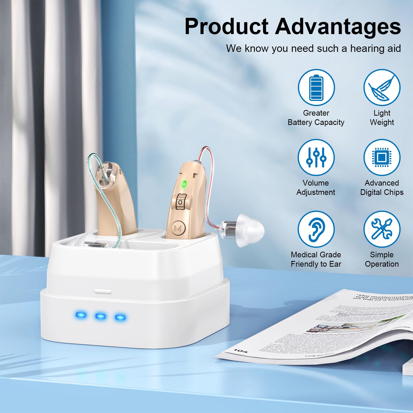 Rechargeable hearing aids for seniors with noise reduction,Digital Hearing Amplifiers for Hearing Loss, with charging case. (brown)