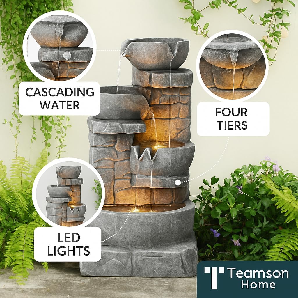 Close-up view of the Teamson Home fountain highlighting cascading water, four tiers, and LED lights