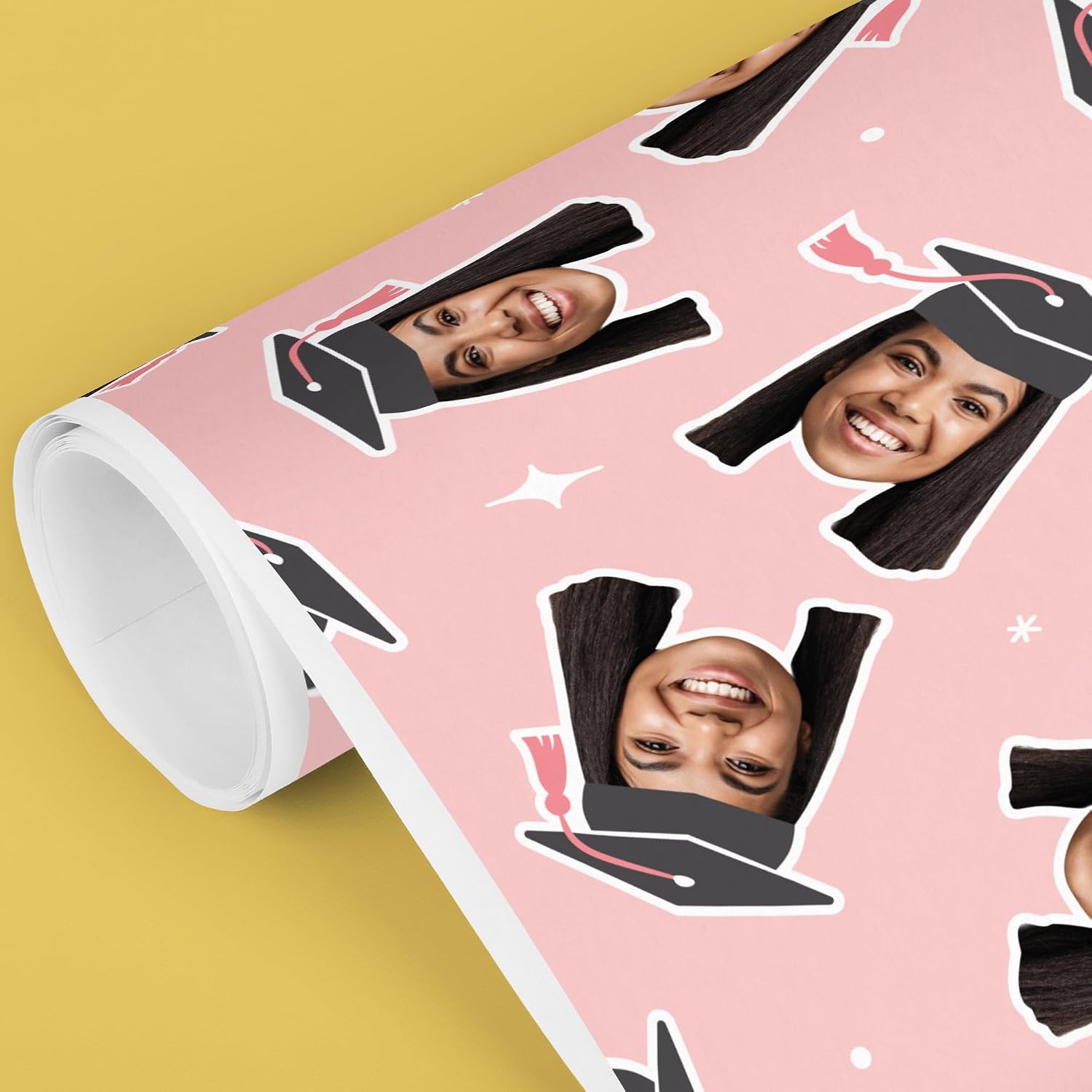Big Dot of Happiness Personalized Photo Rose Gold Graduation Wrapping Paper, Cap with Tassel Head Picture Cutout, Custom Gift Wrap Supplies for Pink Grad Party, 24 in x 7 feet (1 Fun Face, 1 Roll)