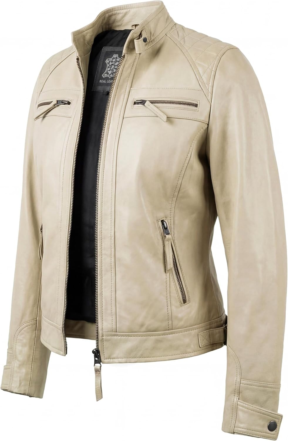 J'Jackin Real Lambskin Womens Cafe Racer Jacket - Quilted Style Motorcycle Leather Jacket Women