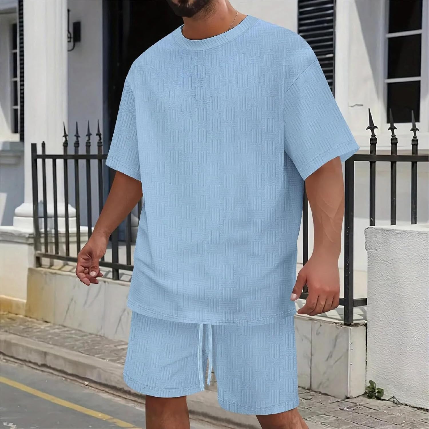 Men's Summer Solid Color Round Neck T-Shirt And Drawstring Shorts Set Casual Loose Fit Outfit
