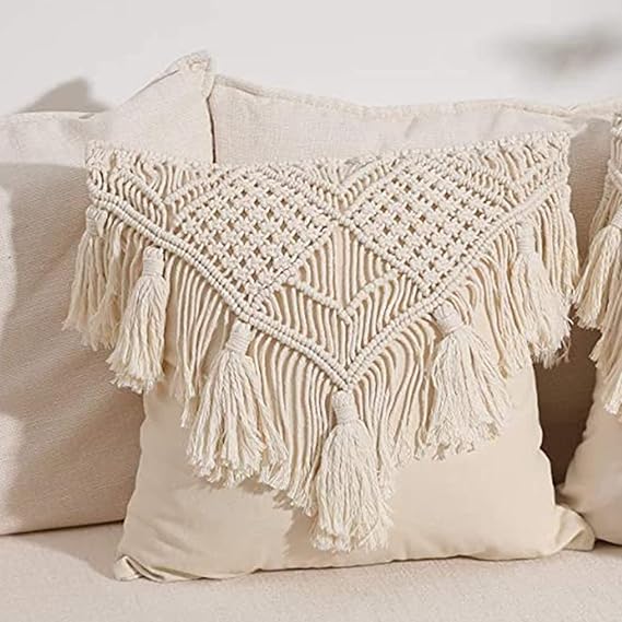 Kaahira Handcrafted Bohemian Cotton Macrame Square Cushion Cover Throw Pillowcases Boho Decors for Sofa Couch Bed Living Room - 1 Pcs Decorative and Comfy Pillow Case (16x16, Cream)