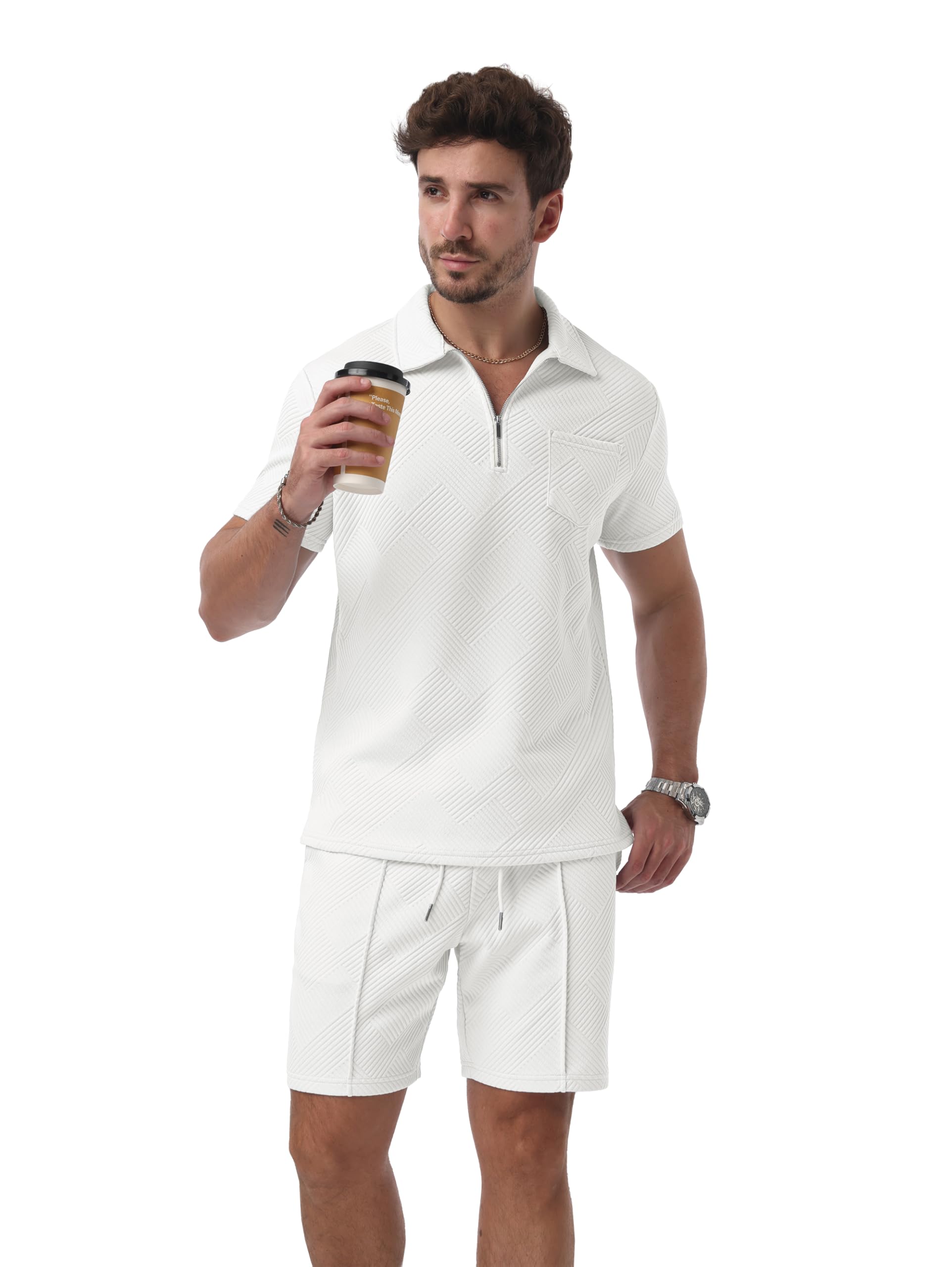QIXING Herren Sommer Outfit 2-Teiler Polo Hemd & Shorts Set Halbreißverschluss Freizeit Anzug Kurz 2026