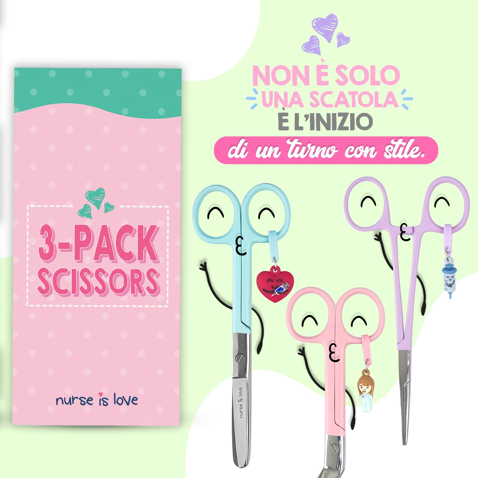 Nurse is Love Set 3 pz Forbici Infermieristiche Pico di Pato & Dritta Mayo + Strumento di Fissaggio | Forbici Punta Roma per Bende, Accessori Infermiera, Primi Soccorsi, Ausiliario Infermieristico