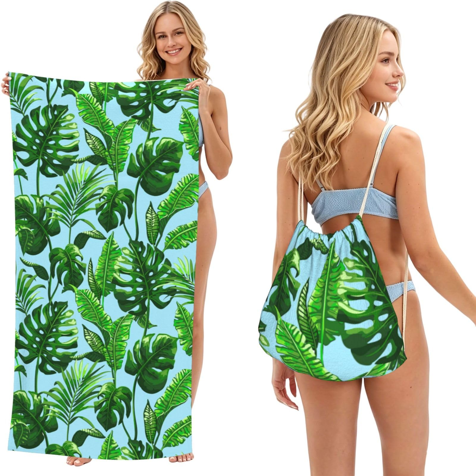 Poadnly As Picture Tropical Palm Leaves, 2 In 1 Packable Towel Bag, Beach Towels With Drawstring Backpack For Travel Holiday Camping