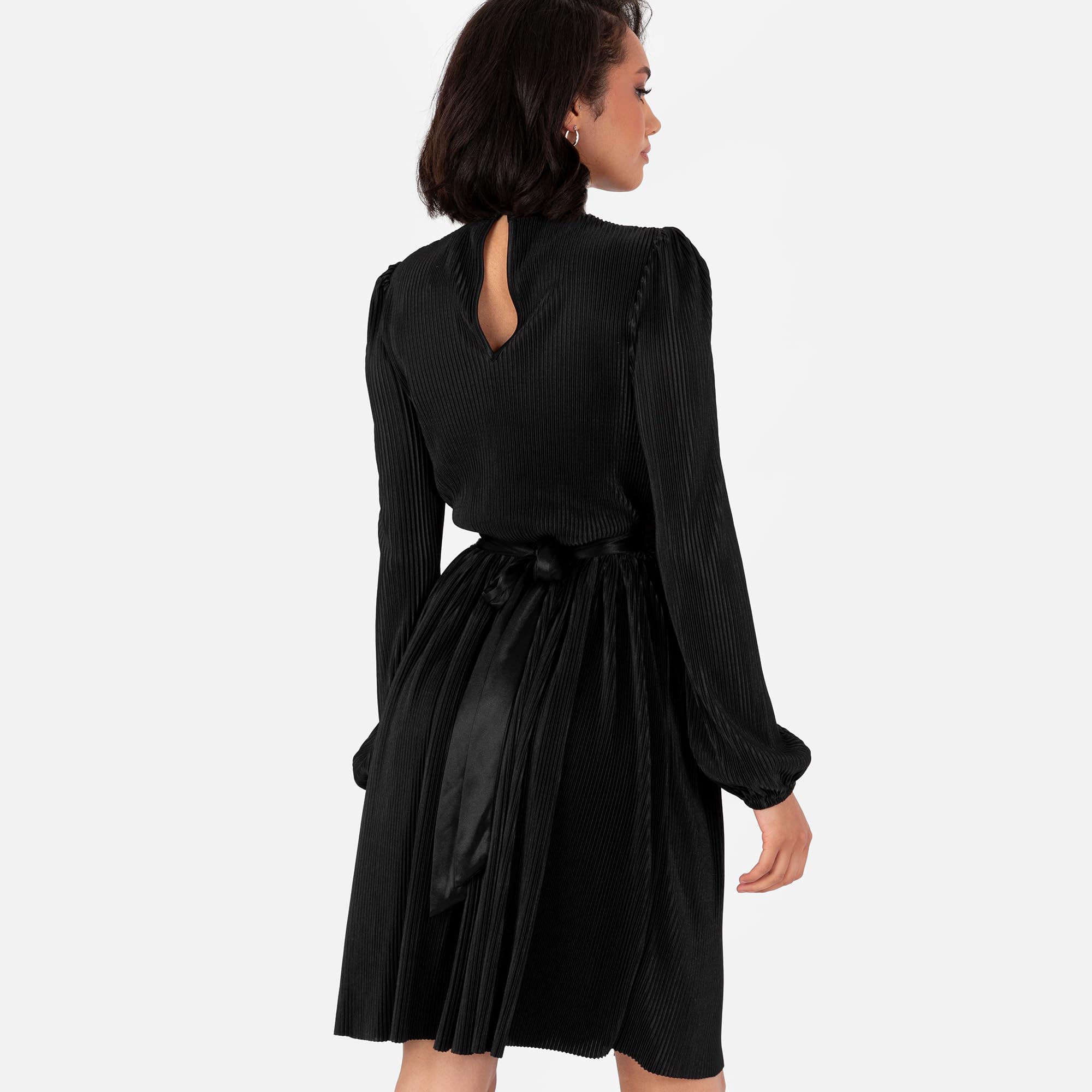 Lovedrobe Women's Mini Dress Ladies Long Balloon Sleeve High Neck Keyhole Detail Fit And Flare Plissé Cocktail Evening Occasion