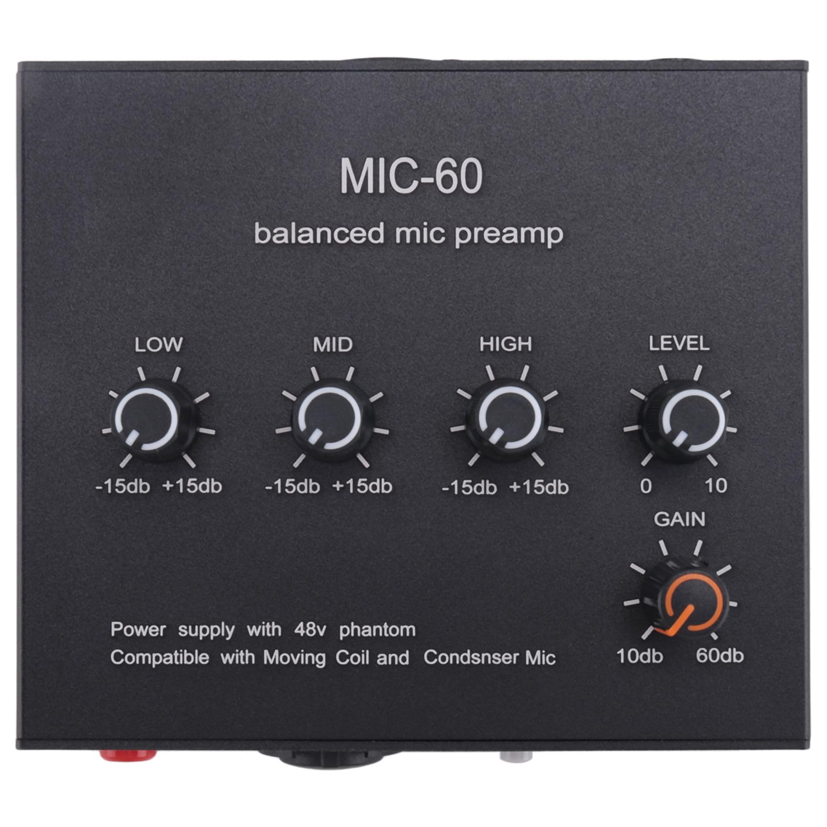 MIC-60 3-Band-Equalizer, Symmetrischer Mikrofonvorverstärker, Mikrofonvorverstärker mit Gleichstromkabel und Langlebigem 3,5-Mm-Kabel